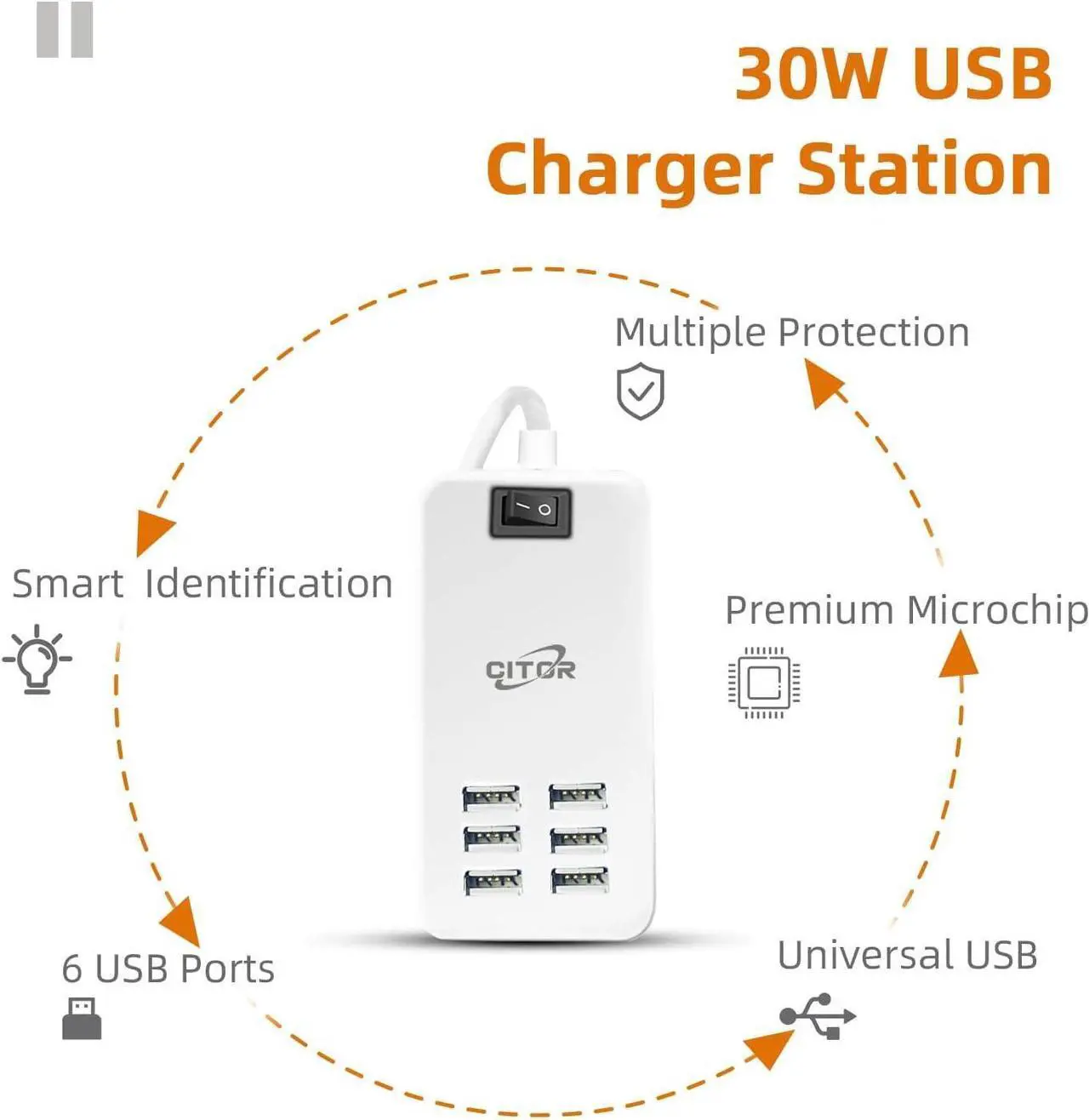 Alt view image 2 of 7 - Multi USB Charger, 6 Port USB Charging Station for Multiple Devices, Phone, Tablet, Power Strip with ON/Off Switch (White)