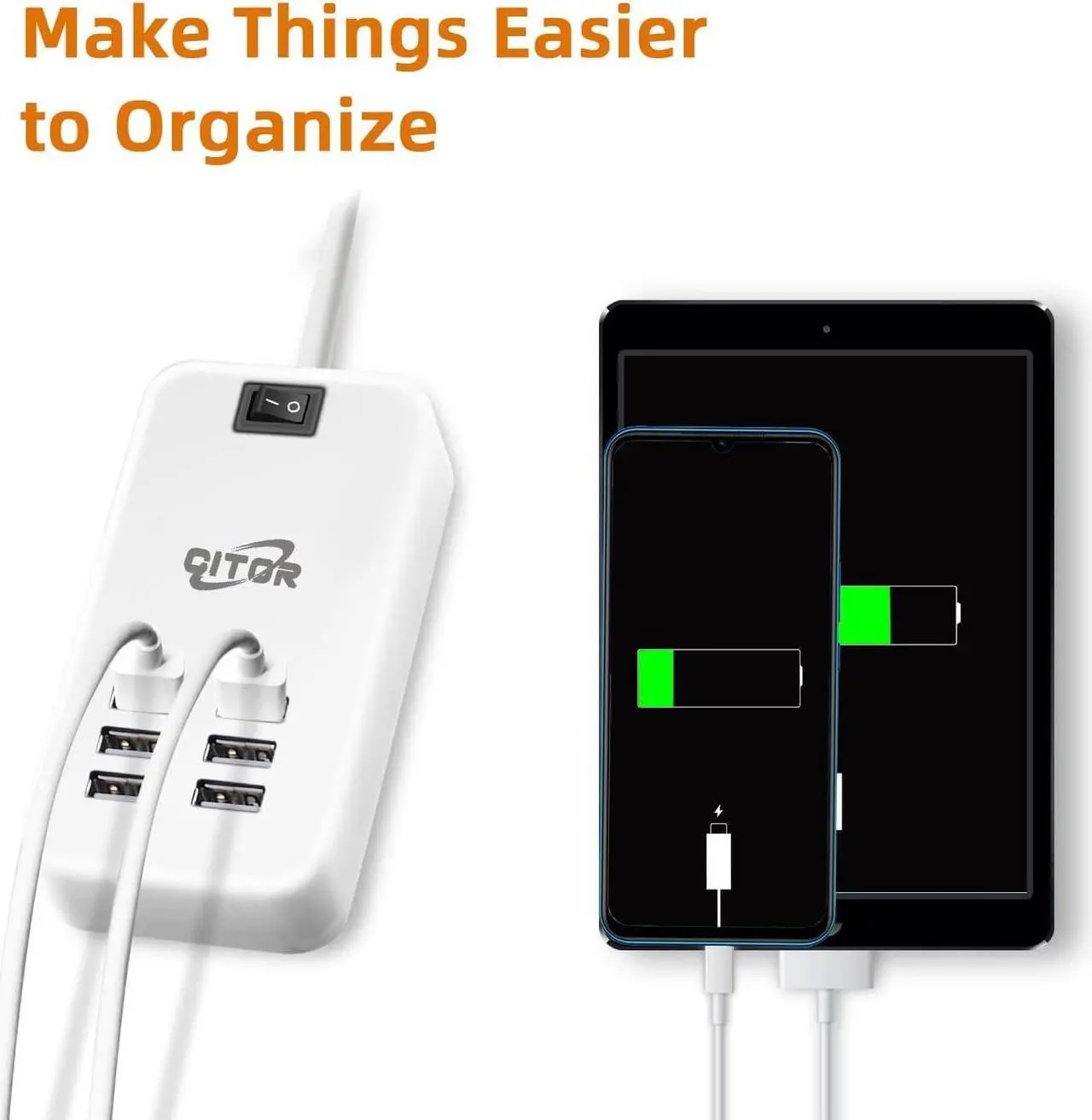 Alt view image 3 of 7 - Multi USB Charger, 6 Port USB Charging Station for Multiple Devices, Phone, Tablet, Power Strip with ON/Off Switch (White)
