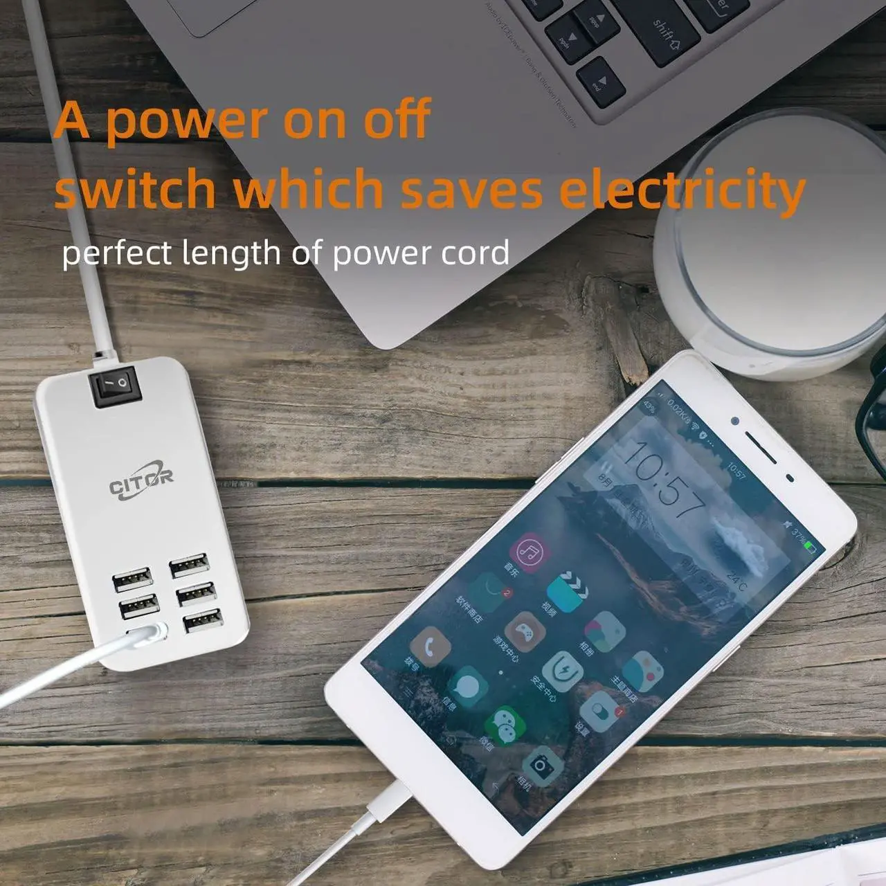 Alt view image 7 of 7 - Multi USB Charger, 6 Port USB Charging Station for Multiple Devices, Phone, Tablet, Power Strip with ON/Off Switch (White)