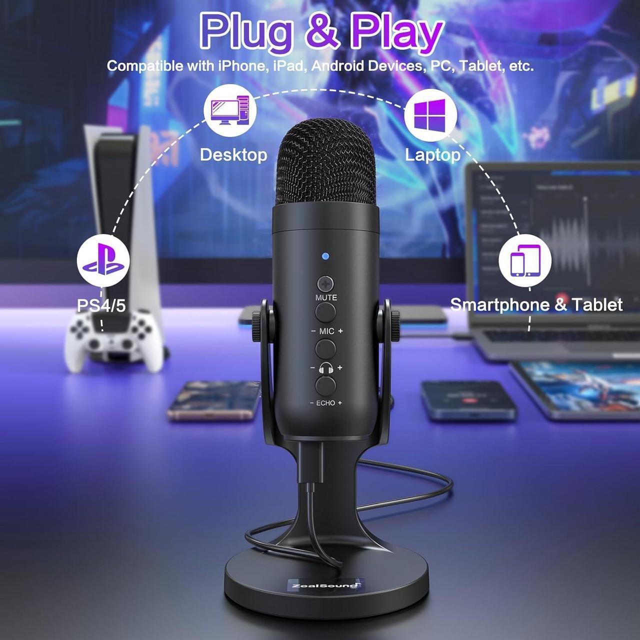 Alt view image 2 of 7 - USB Microphone,Condenser Computer PC Mic,Plug&Play Gaming Microphones for PS 4&5.Headphone Output&Volume Control,Mic Gain Control,Mute Button Vocal,YouTube Podcast on Mac&Windows(Black)