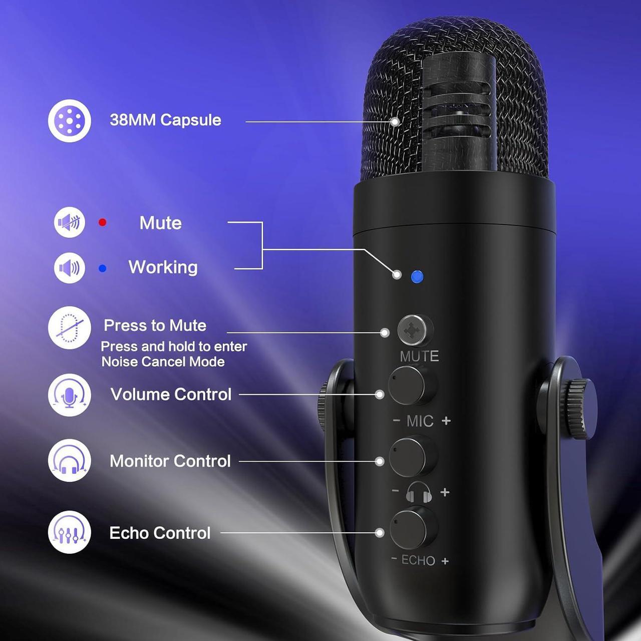 Alt view image 4 of 7 - USB Microphone,Condenser Computer PC Mic,Plug&Play Gaming Microphones for PS 4&5.Headphone Output&Volume Control,Mic Gain Control,Mute Button Vocal,YouTube Podcast on Mac&Windows(Black)