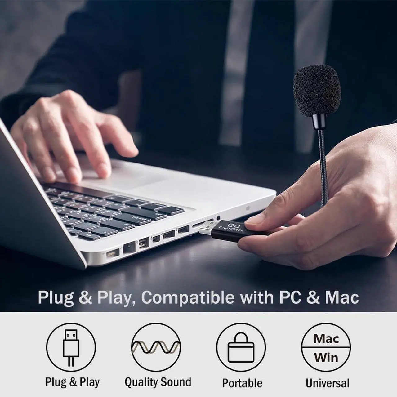 Alt view image 2 of 6 - CHANGEEK Mini USB Microphone for Laptop and Desktop Computer, with Gooseneck & Universal USB Sound Card, Compatible with PC and Mac, Plug & Play, Ideal Condenser Mic for Remote Work, Online Class