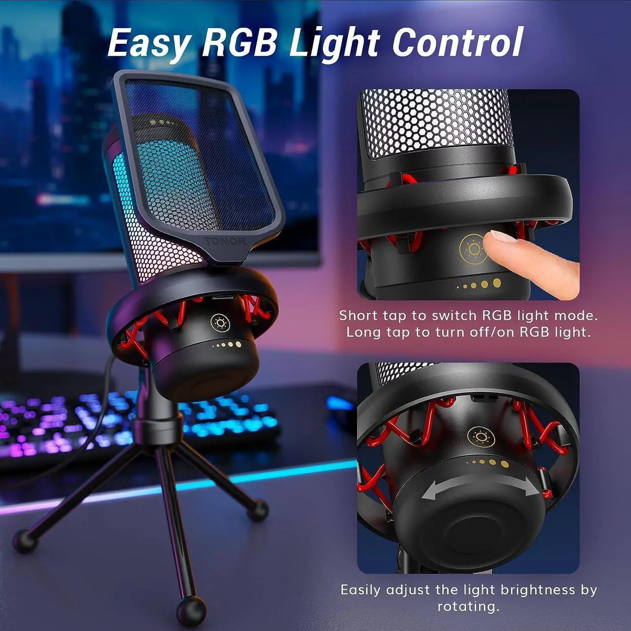 Alt view image 4 of 7 - Gaming Mic, USB Microphone for PC Computer, Cardioid Condenser Mic with Adjustable RGB Modes & Brightness, Quick Mute, Gain Control, for Streaming, Podcasting, Recording, PS4/5 Desktop Mic TC310