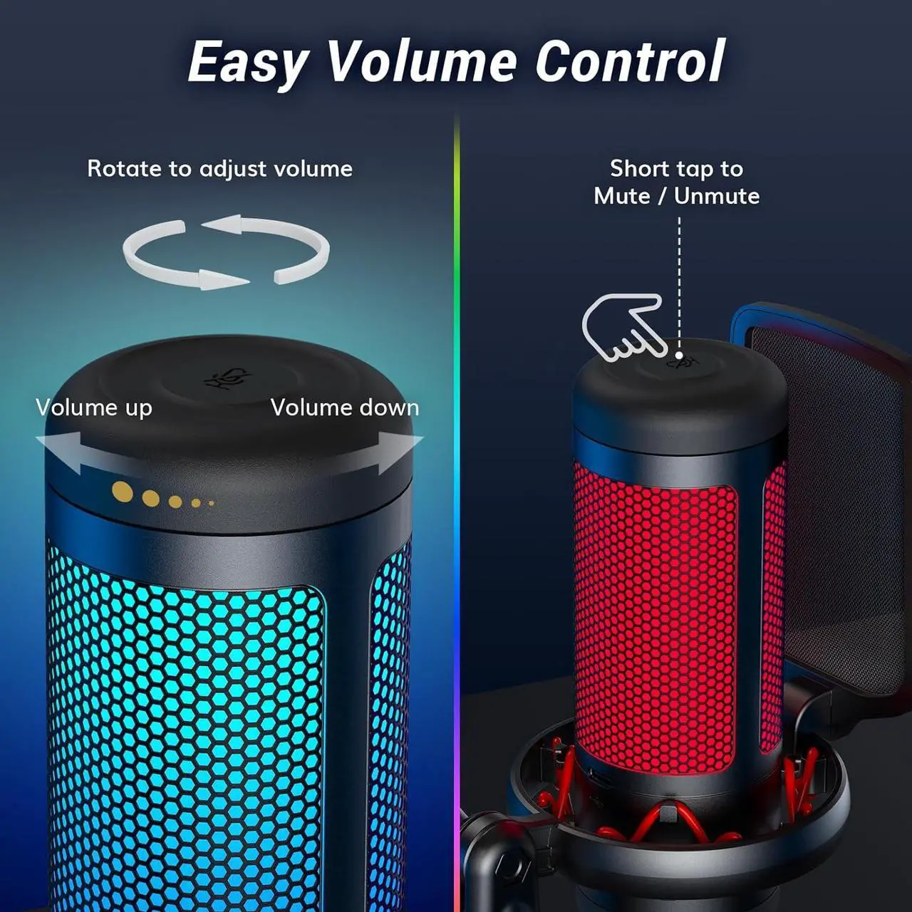 Alt view image 5 of 7 - Gaming Mic, USB Microphone for PC Computer, Cardioid Condenser Mic with Adjustable RGB Modes & Brightness, Quick Mute, Gain Control, for Streaming, Podcasting, Recording, PS4/5 Desktop Mic TC310