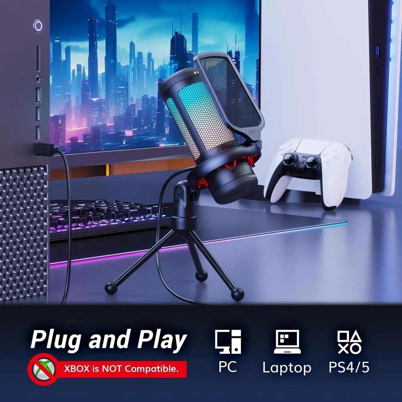Alt view image 6 of 7 - Gaming Mic, USB Microphone for PC Computer, Cardioid Condenser Mic with Adjustable RGB Modes & Brightness, Quick Mute, Gain Control, for Streaming, Podcasting, Recording, PS4/5 Desktop Mic TC310