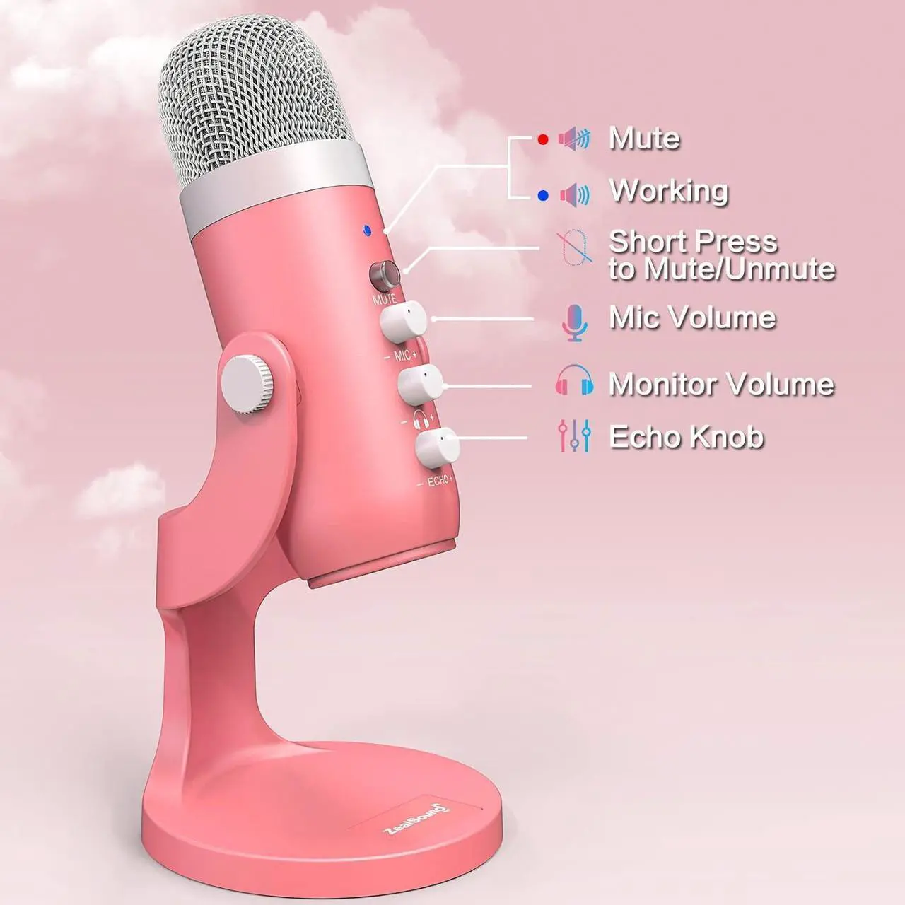 Alt view image 5 of 7 - USB Microphone,Condenser Computer Mic,Plug&Play Gaming Microphones for PS 4&5.Headphone Output&Volume Control,Mic Gain Control,Mute Button,YouTube Podcast on Mac&Windows Pearlescent Pink