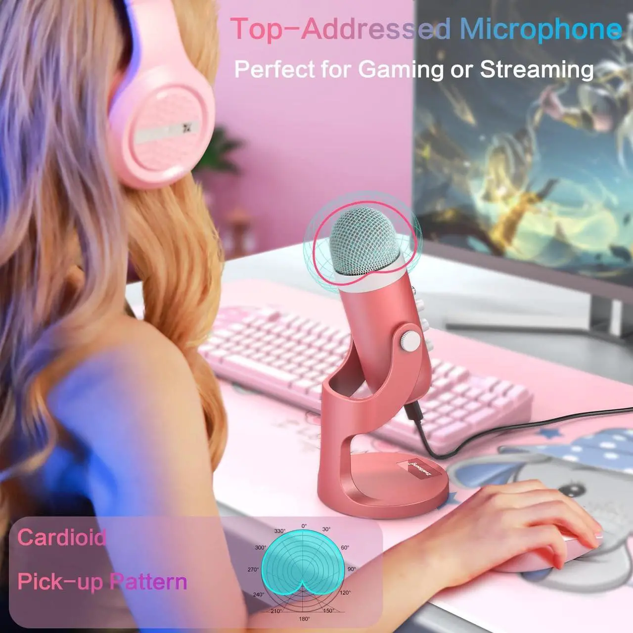 Alt view image 6 of 7 - USB Microphone,Condenser Computer Mic,Plug&Play Gaming Microphones for PS 4&5.Headphone Output&Volume Control,Mic Gain Control,Mute Button,YouTube Podcast on Mac&Windows Pearlescent Pink