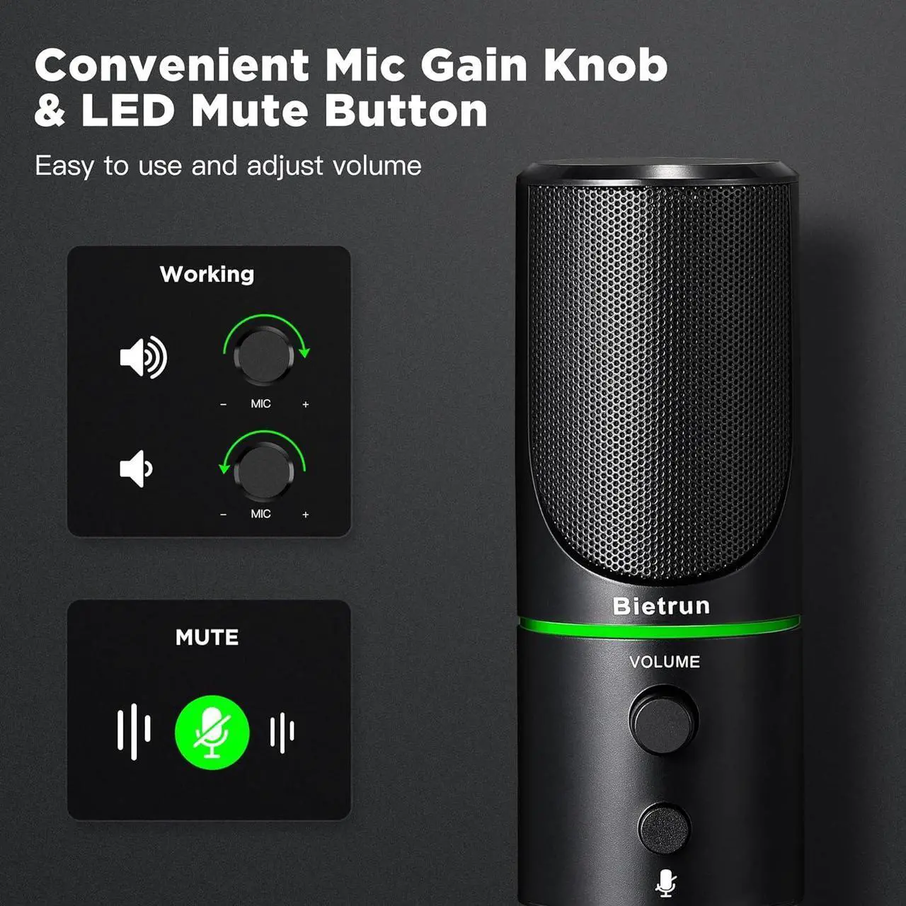 Alt view image 2 of 7 - USB Microphone, Computer Condenser Gaming Mic for Desktop/Laptop/PS4/5, Headphone Jack, Volume Control, Plug & Play, for Podcast, Streaming, Studio Recording