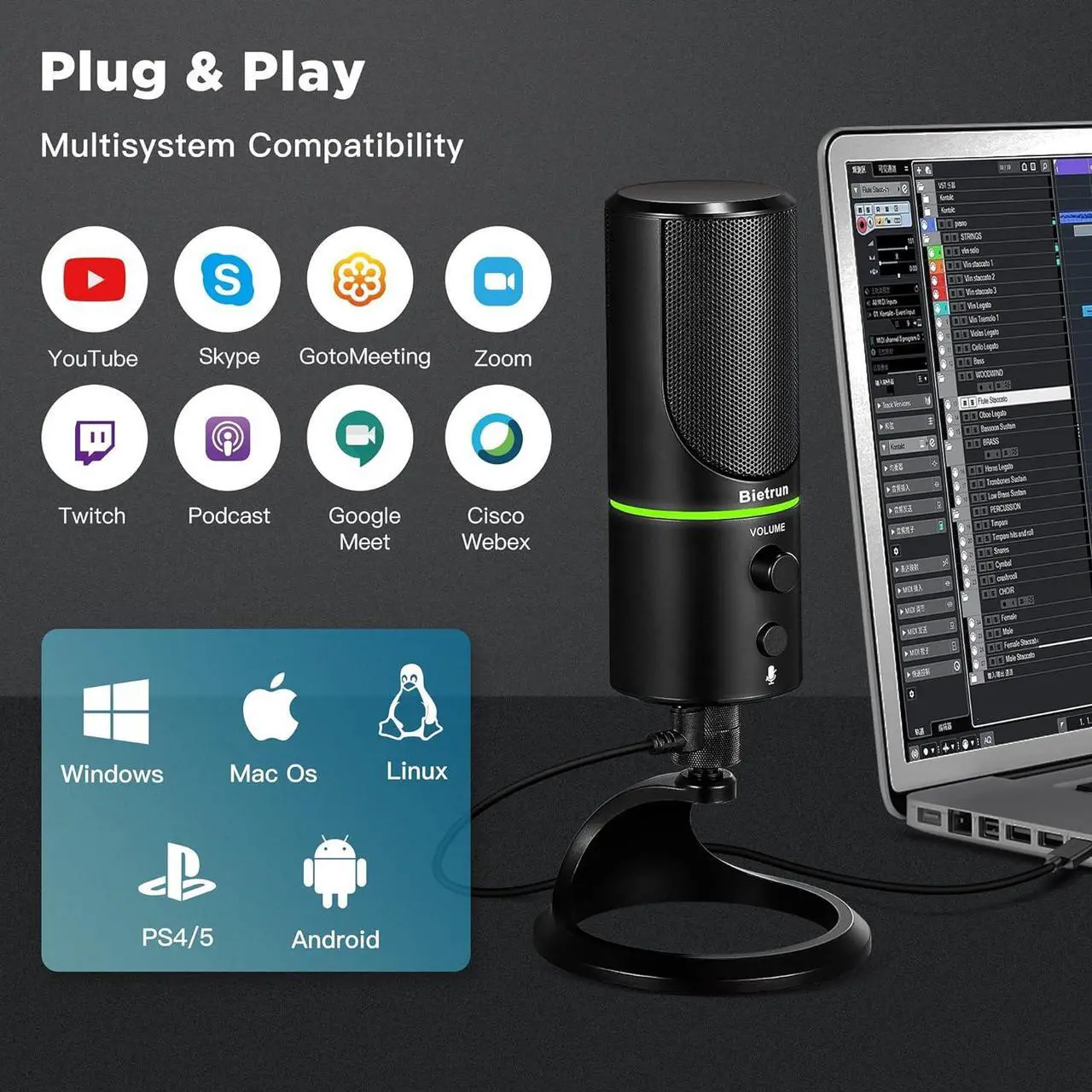 Alt view image 3 of 7 - USB Microphone, Computer Condenser Gaming Mic for Desktop/Laptop/PS4/5, Headphone Jack, Volume Control, Plug & Play, for Podcast, Streaming, Studio Recording