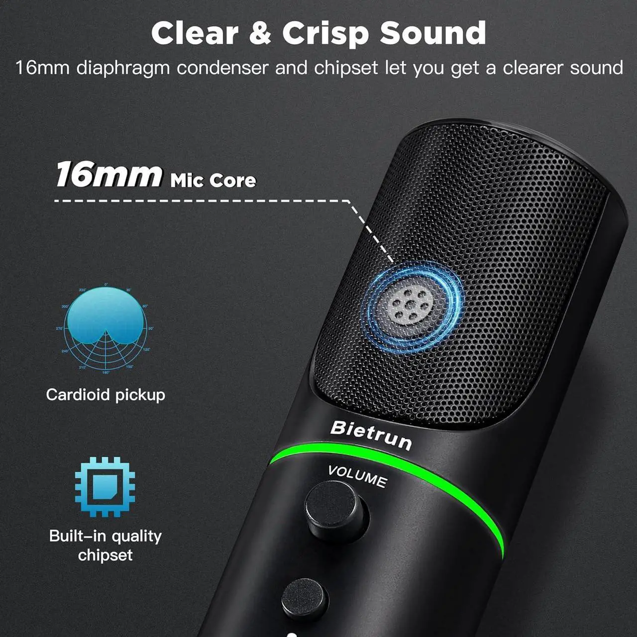 Alt view image 4 of 7 - USB Microphone, Computer Condenser Gaming Mic for Desktop/Laptop/PS4/5, Headphone Jack, Volume Control, Plug & Play, for Podcast, Streaming, Studio Recording