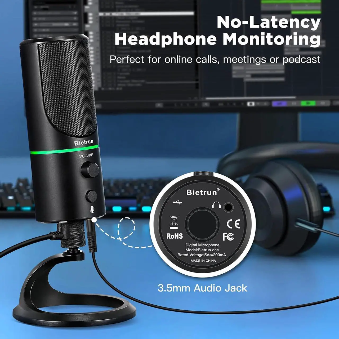 Alt view image 5 of 7 - USB Microphone, Computer Condenser Gaming Mic for Desktop/Laptop/PS4/5, Headphone Jack, Volume Control, Plug & Play, for Podcast, Streaming, Studio Recording