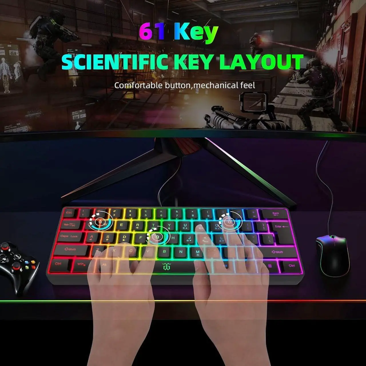 Alt view image 6 of 7 - 60% Wired Gaming Keyboard, RGB Backlit Ultra-Compact Mini Keyboard, Waterproof Small Compact 61 Keys Keyboard for PC/Mac Gamer, Typist, Travel, Easy to Carry on Business Trip(Black)