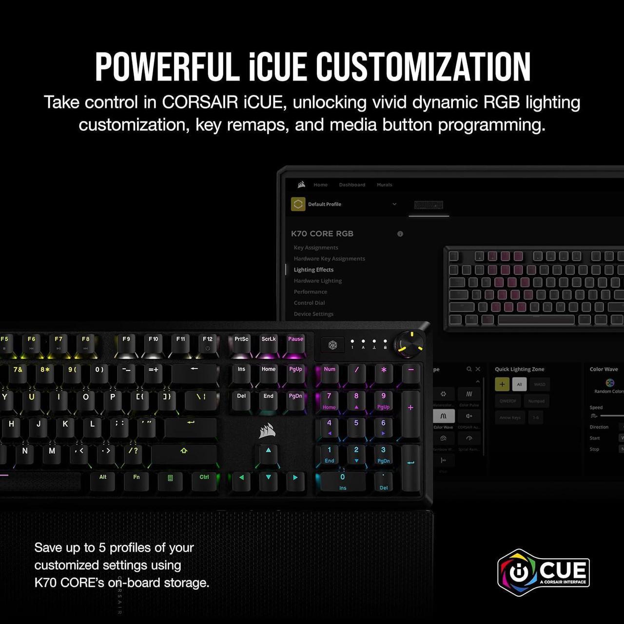 Alt view image 6 of 7 - K70 CORE RGB Mechanical Gaming Keyboard with Palmrest - Pre-lubricated  MLX Red Linear Keyswitches - Sound Dampening - Media Control Dial - iCUE Compatible - QWERTY NA Layout - Black