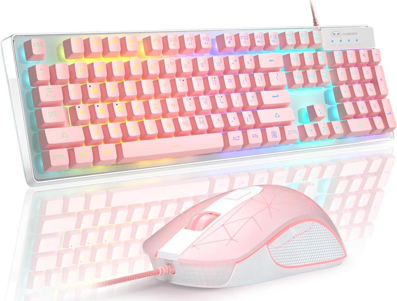 Gaming Keyboard and Mouse Combo, MageGee K1 RGB LED Backlit Keyboard with Transparent Cover, 104 Keys Computer Gaming Keyboard and 3200 DPI Gaming Mouse for PC/Laptop(Pink)