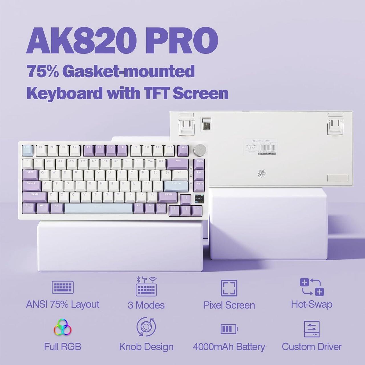 Alt view image 3 of 7 - Ajazz AK820 Pro 75% Mechanical Keyboard, Gasket-Mounted Gaming Keyboard with TFT Smart Display&Knob, Bluetooth 5.1/2.4G Wireless/Type-C Wired Custom Keyboard (Purple, Gift Switch)