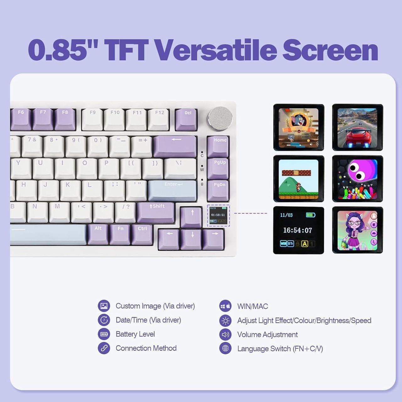 Alt view image 4 of 7 - Ajazz AK820 Pro 75% Mechanical Keyboard, Gasket-Mounted Gaming Keyboard with TFT Smart Display&Knob, Bluetooth 5.1/2.4G Wireless/Type-C Wired Custom Keyboard (Purple, Gift Switch)