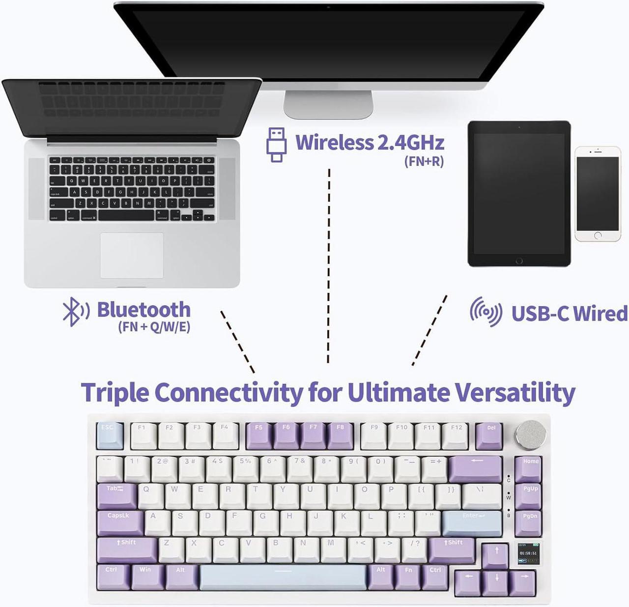 Alt view image 5 of 7 - Ajazz AK820 Pro 75% Mechanical Keyboard, Gasket-Mounted Gaming Keyboard with TFT Smart Display&Knob, Bluetooth 5.1/2.4G Wireless/Type-C Wired Custom Keyboard (Purple, Gift Switch)