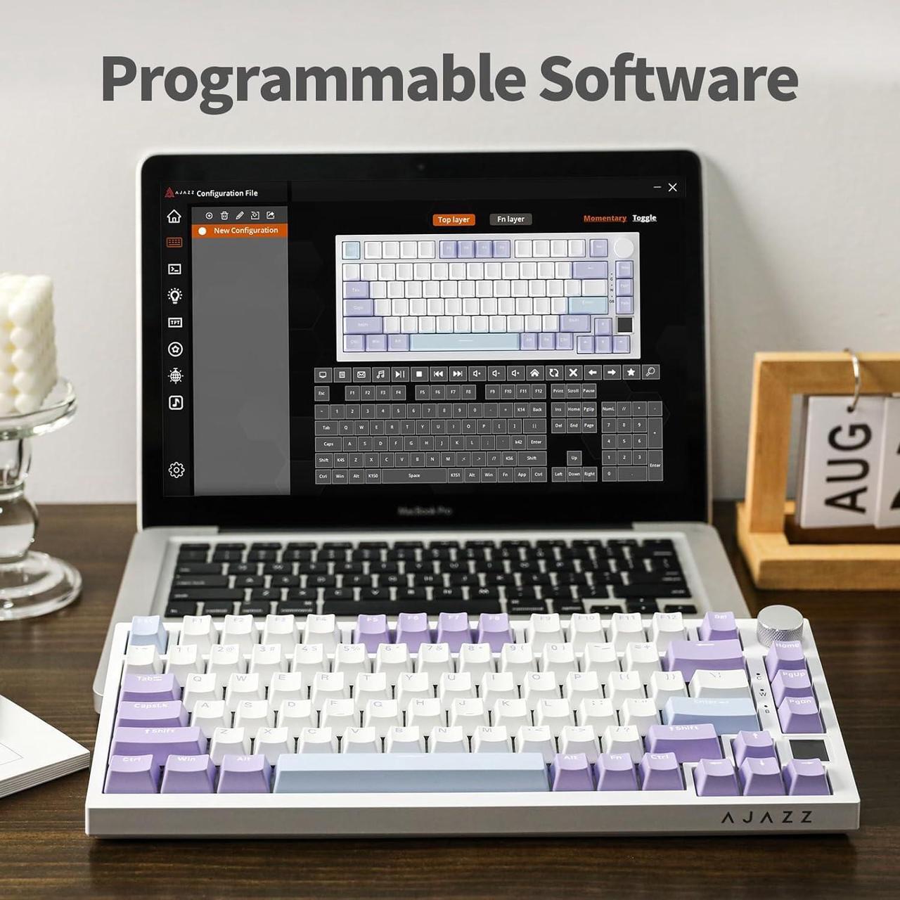 Alt view image 6 of 7 - Ajazz AK820 Pro 75% Mechanical Keyboard, Gasket-Mounted Gaming Keyboard with TFT Smart Display&Knob, Bluetooth 5.1/2.4G Wireless/Type-C Wired Custom Keyboard (Purple, Gift Switch)