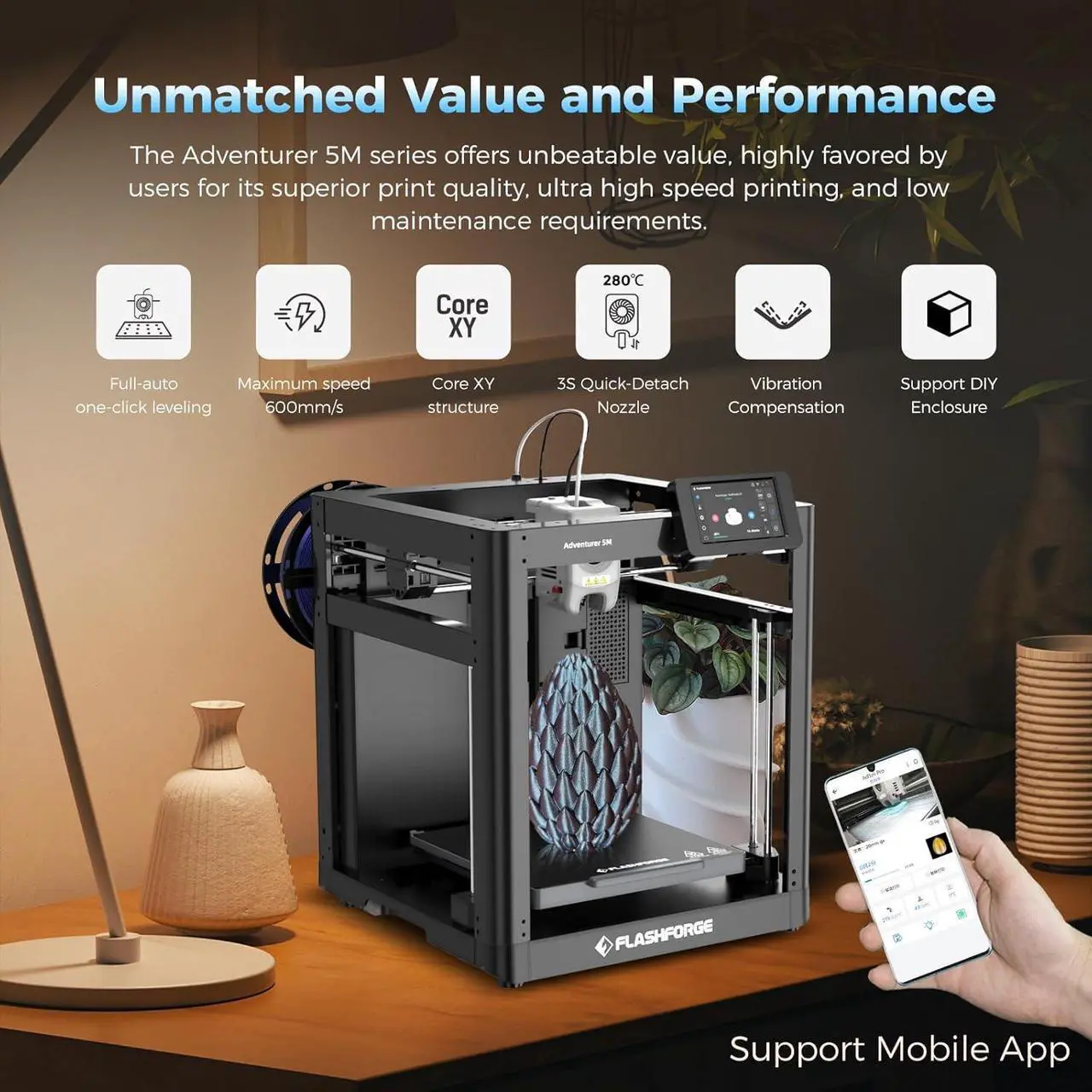 Alt view image 2 of 7 - Adventurer 5M 3D Printer with Fully Auto Leveling, Max 600mm/s High Speed Printing, 280°C Direct Extruder with 3S Detachable Nozzle, Core XY All Metal Structure, Print Size 220x220x220mm