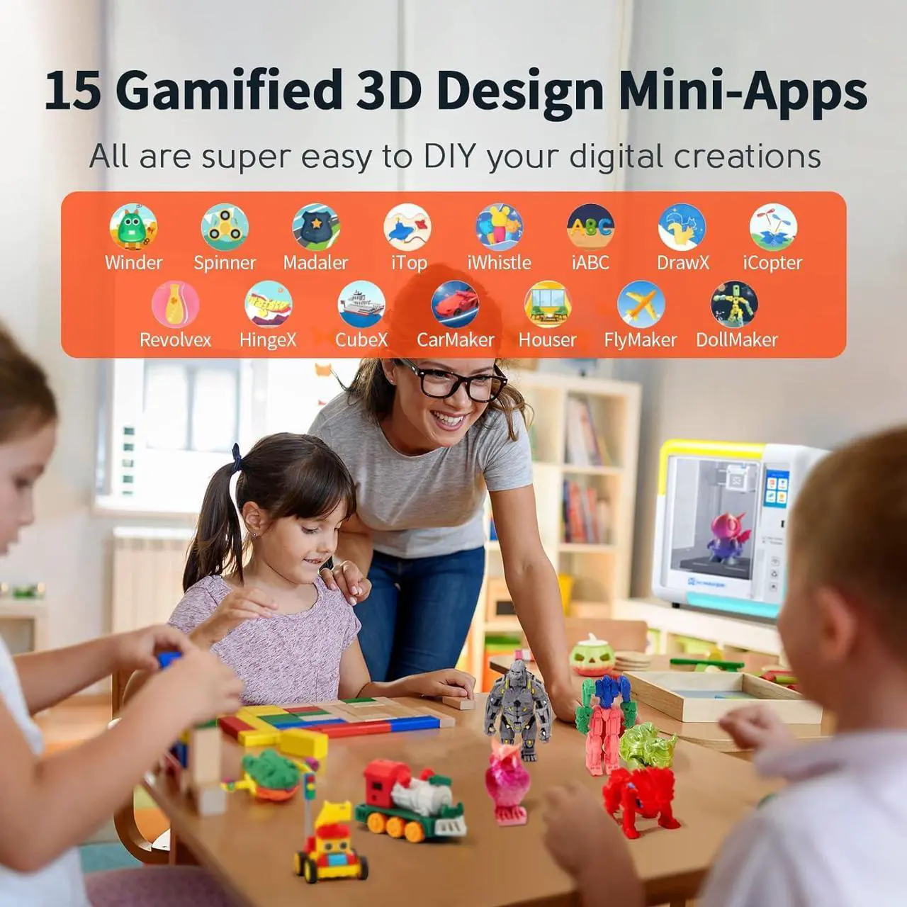 Alt view image 5 of 7 - 3D Printer for Kids and Beginners, Fully Assembled High-Speed 3D Printer with 8 PLA Filament Set, Leveling-Free Bed, Wi-Fi Printing, Resume Printing, Silent, High Precision, with App