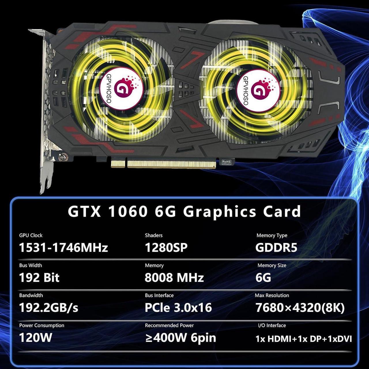 Alt view image 2 of 7 - GPVHOSO GeForce GTX 1060 6GB GDDR5 192bit Gaming Graphics Card 4K HDR VR Ready Dual Cooling Fans Support DirectX 12 PCIe3.0 * 16 HDMI DVI DP Video Cards for PC