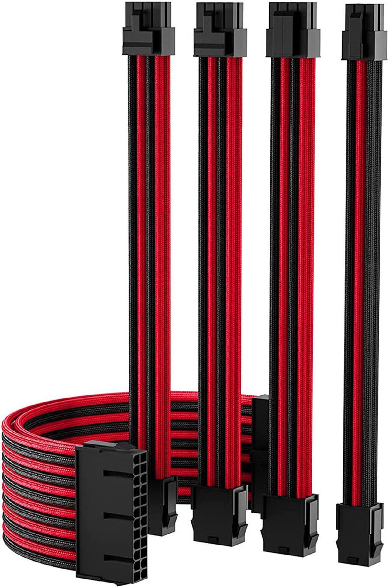 Black Red PSU Sleeved Cable, PC Power Supply Cable Extensions Kit with Combs, 18AWG 24 Pin ATX, 8 to 4+4 Pin EPS, Dual 8 to 6+2 Pin PCIE, 6 Pin PCIE, 30CM