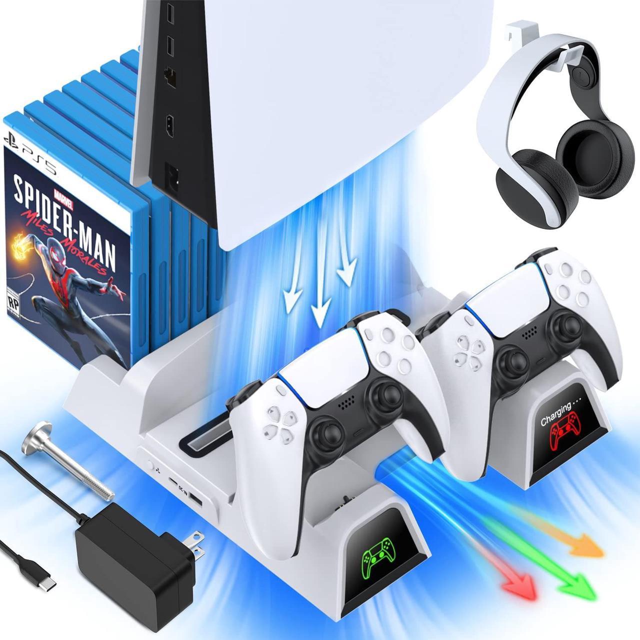 PS5 Vertical Stand with Cooling Fan and Dual Controller Charger - Indicator Lamps and 12 Game Slots, Fast Cooling through Metal Base, PS5 Console Compatible