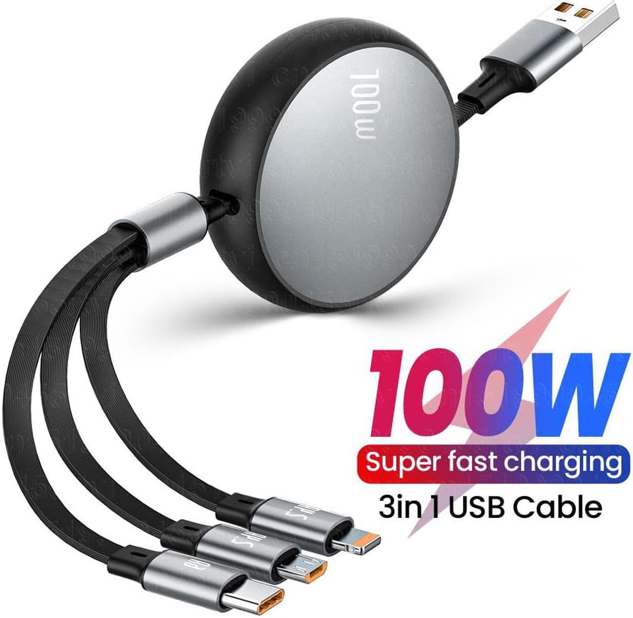 3in1 Retractable 6A 100W USB Cable for iPhone 14 13 12 Pro Max USB To 8 pin/Type C/Micro Fast Charge Kable for Huawei Data Cable(Up To 1.2m)(Pulple)