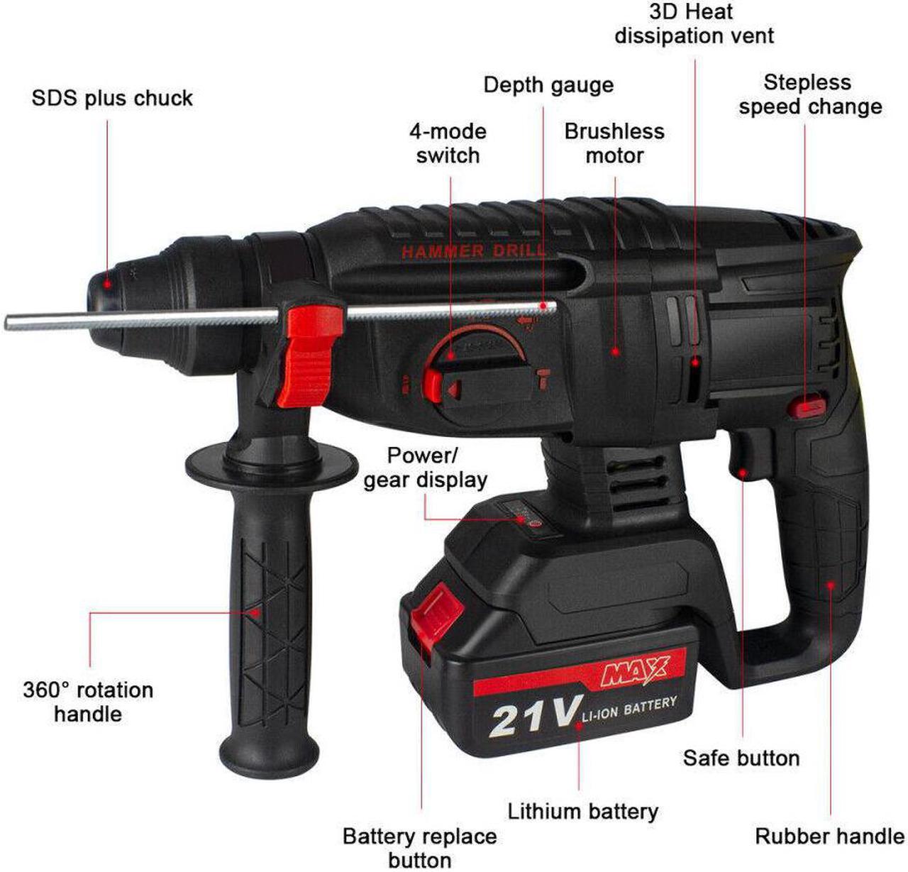 Alt view image 2 of 6 - 3/8"Cordless Rotary Hammer Drill SDS-Plus 1200W Electric Power w/ Battery  Bits