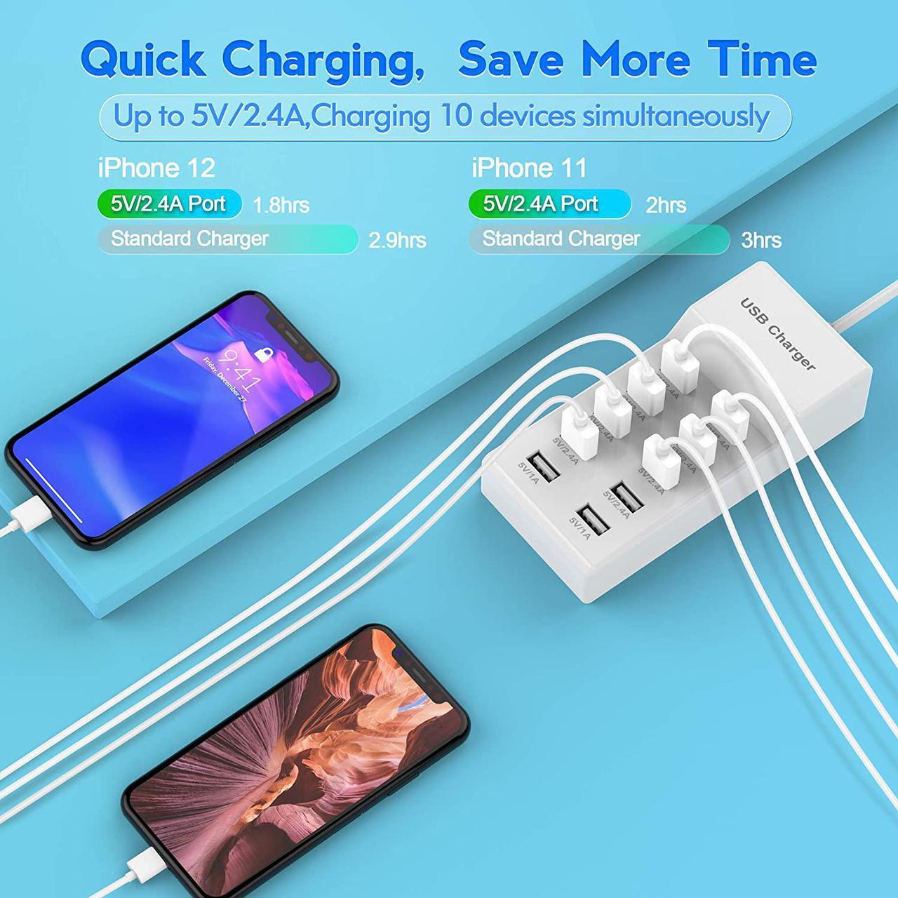 Alt view image 2 of 7 - USB Charger USB Wall Charger with Rapid Charging Auto Detect Technology Safety Guaranteed 10-Port Family-Sized Smart USB Ports for Multiple Devices Smart Phone Tablet Laptop Computer