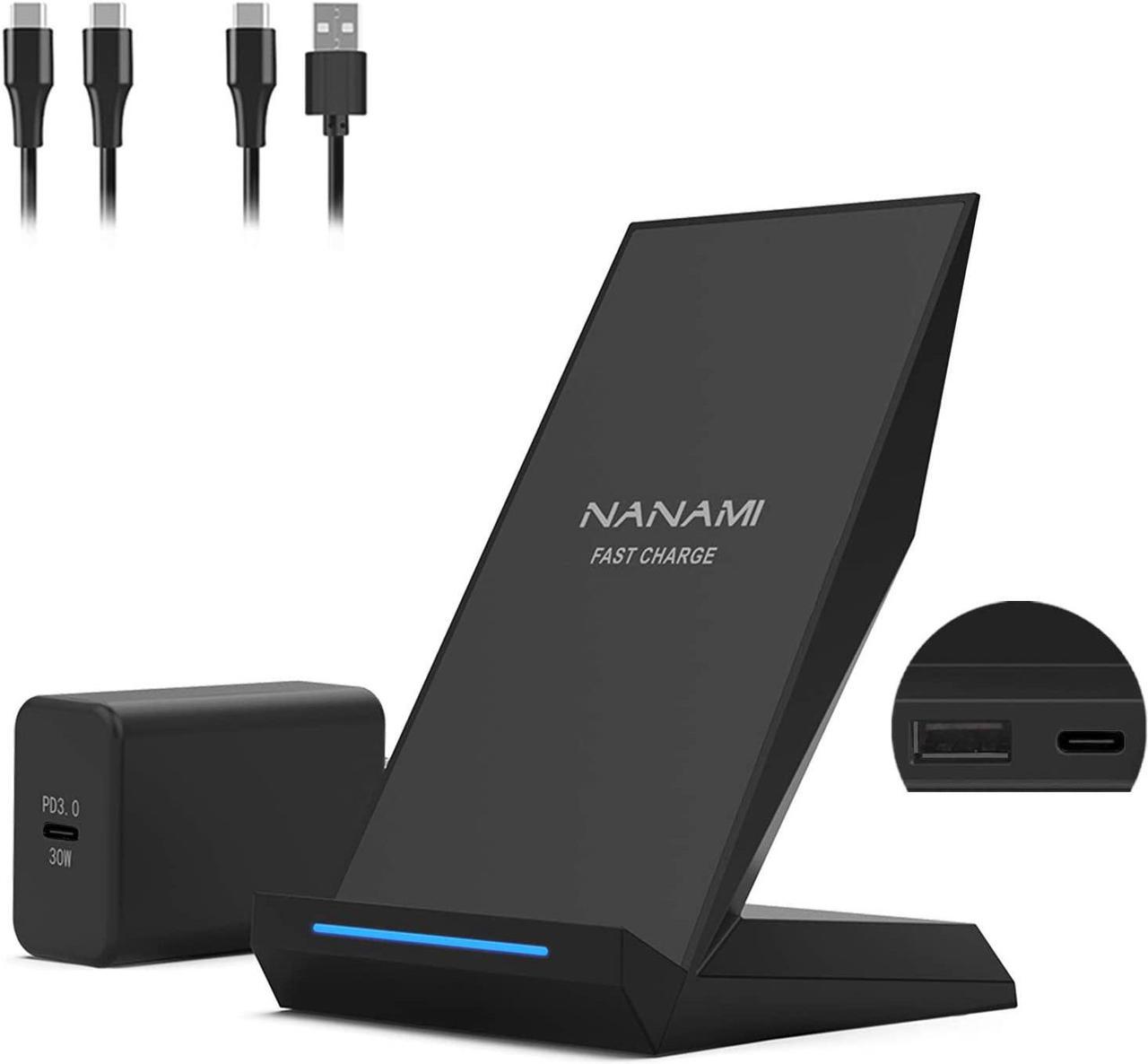 NANAMI Wireless Charger, 30W Fast Charging Stand with USB-A Port, Qi Charger for iPhone 16 15 14 13 12 11 Pro XS Max XR 8, for Galaxy S24 S23 Ultra S22 S21 S20 S10 S9 S8(with PD Adapter Phone Charger)