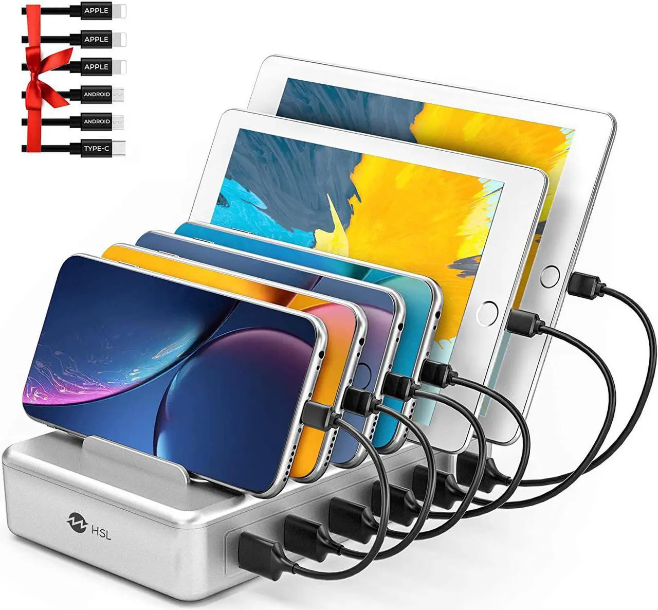Main image of Charging Station for Multiple Devices - 6 Port Fast Charging Station for iPhone iPad Android and Tablet - Multi Charging Station - Phone Charging Station with 6 Mixed Cables Included(UL Certified)