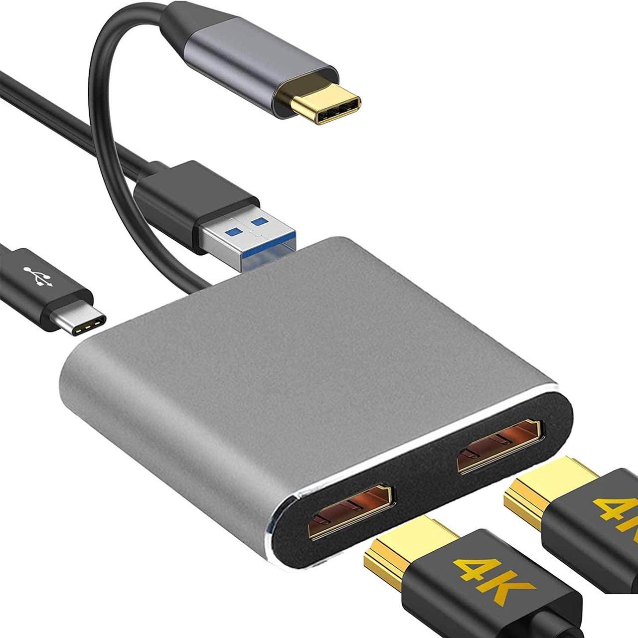 Alt view image 2 of 7 - 4 in 1 Hub Type C to Dual HDMI-Compatible USB Hub 3.0 Port, USB C to Dual HDMI-Compatible Adapter 4K Compatible with MAC OS, Windows, Android, Linux