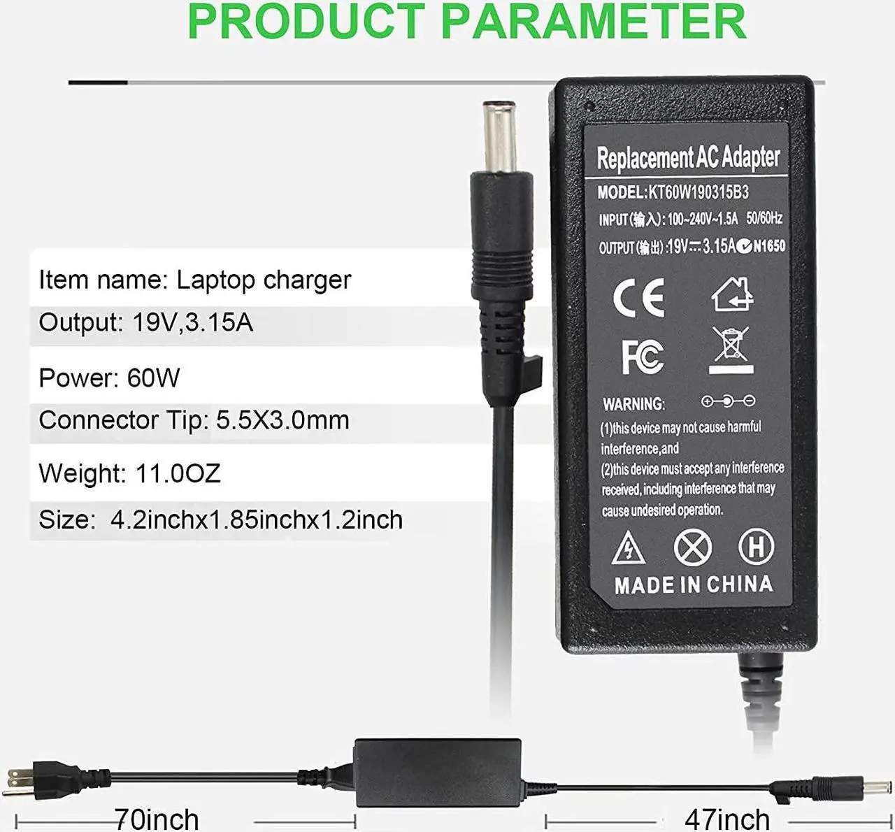 Alt view image 3 of 6 - Shareway 60W Laptop Charger for Samsung R429 RV511 RV515 RV510 R540 R530 NP300E5C NP300E4C NP300E4C-A02US NP305E5A NP350E7C NP-N150 ADP-60ZH D AD-6019R CPA09-004A AD-4019C 5.5mm3.0mm tip
