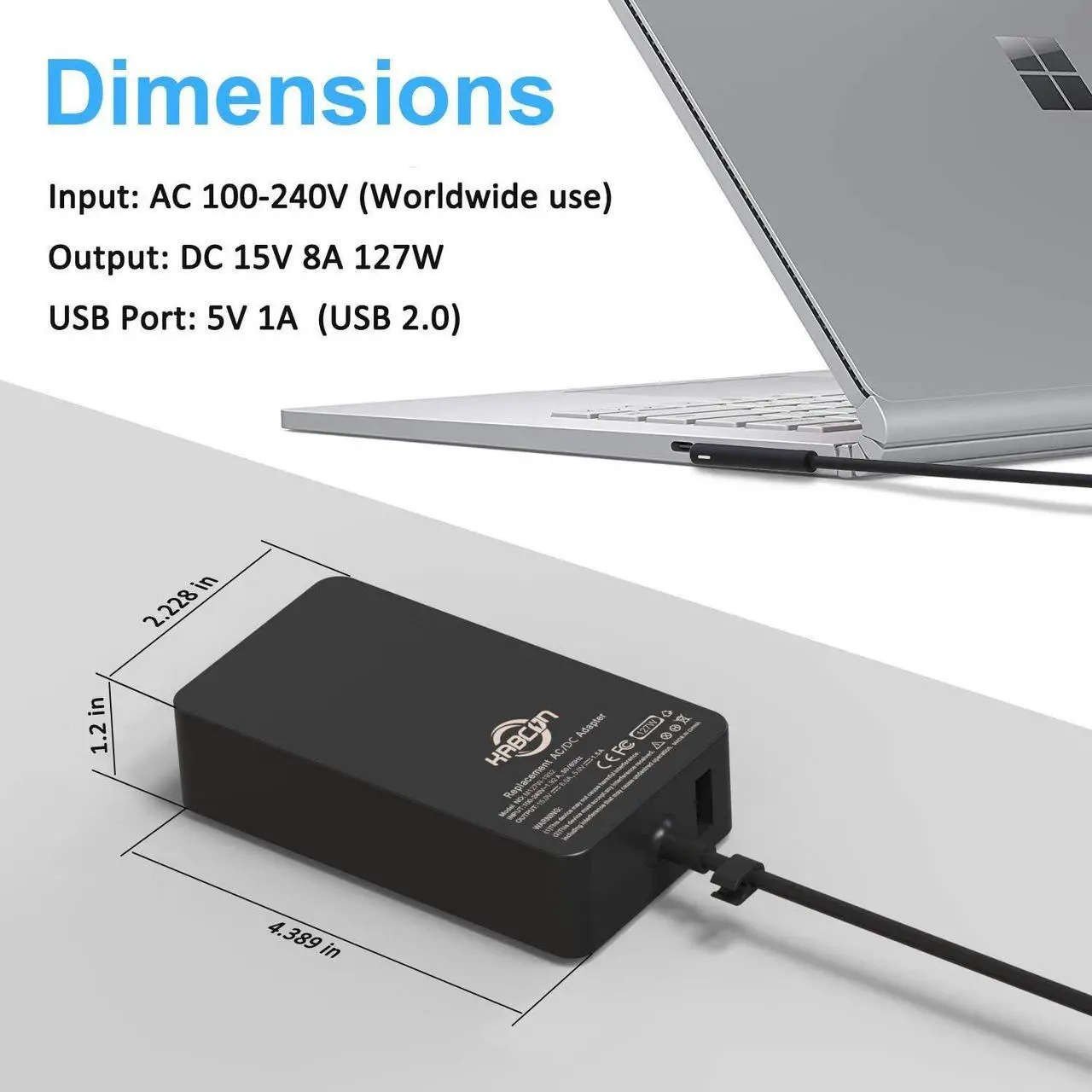Alt view image 6 of 7 - 127W Charger for Microsoft Surface Book 3 2 1, Surface Laptop 6 5 Go2 Studio Go 4 3 2 1, Surface Pro 10 9 8 7+ X 7 6 5 4 3, Surface Go 3 2 1, 11FT Cord&Carry Bag