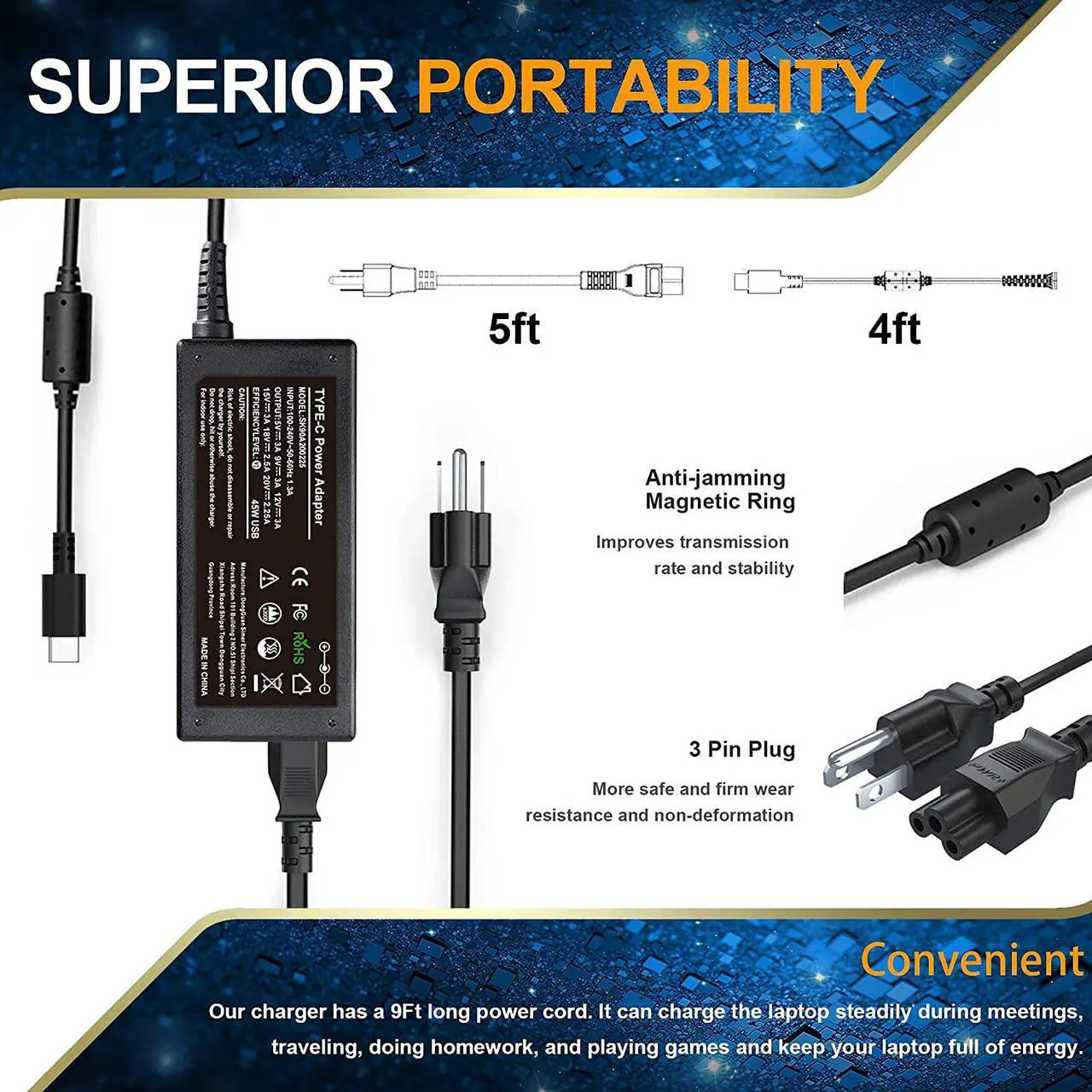 Alt view image 7 of 7 - 65W 45W USB Type C Laptop Charger for Dell Chromebook 3100 5190 XPS 12 13 Latitude 5400 5500 3500 3400 3100 3300 5300 7200 7300 7400 2-in-1 P28T P29T P86F LA45NM121 Laptop Power Supply AC Adapter Cord