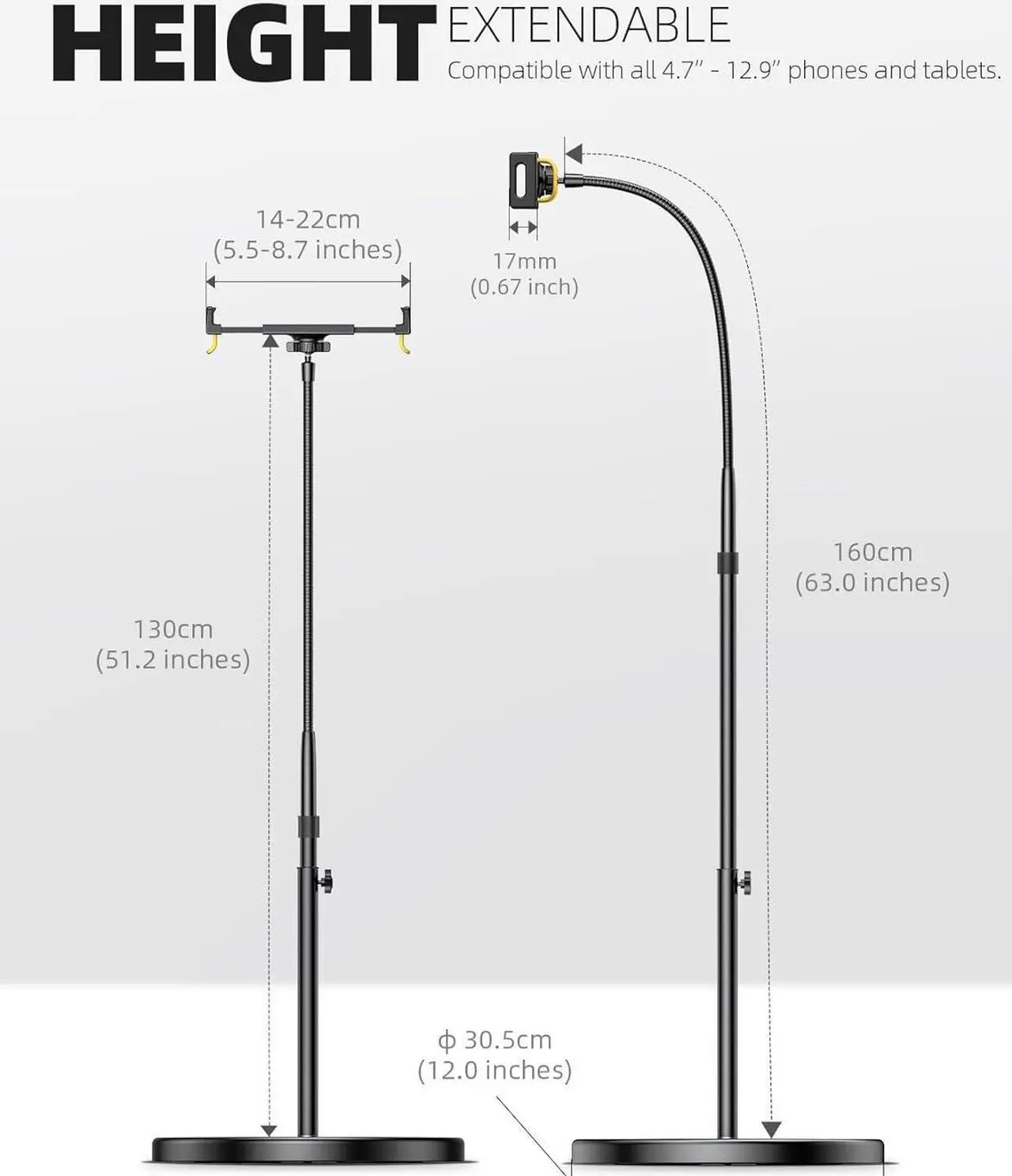 Alt view image 5 of 7 - Tablet Floor Stand - Gooseneck Swivel Holder Mount with Adjustable Height & 10.6lb Stable Base, Compatible iPad Mini Air Pro 12.9/9.7, Galaxy Tab, Kindle, Cell Phones (4.7''-13'')