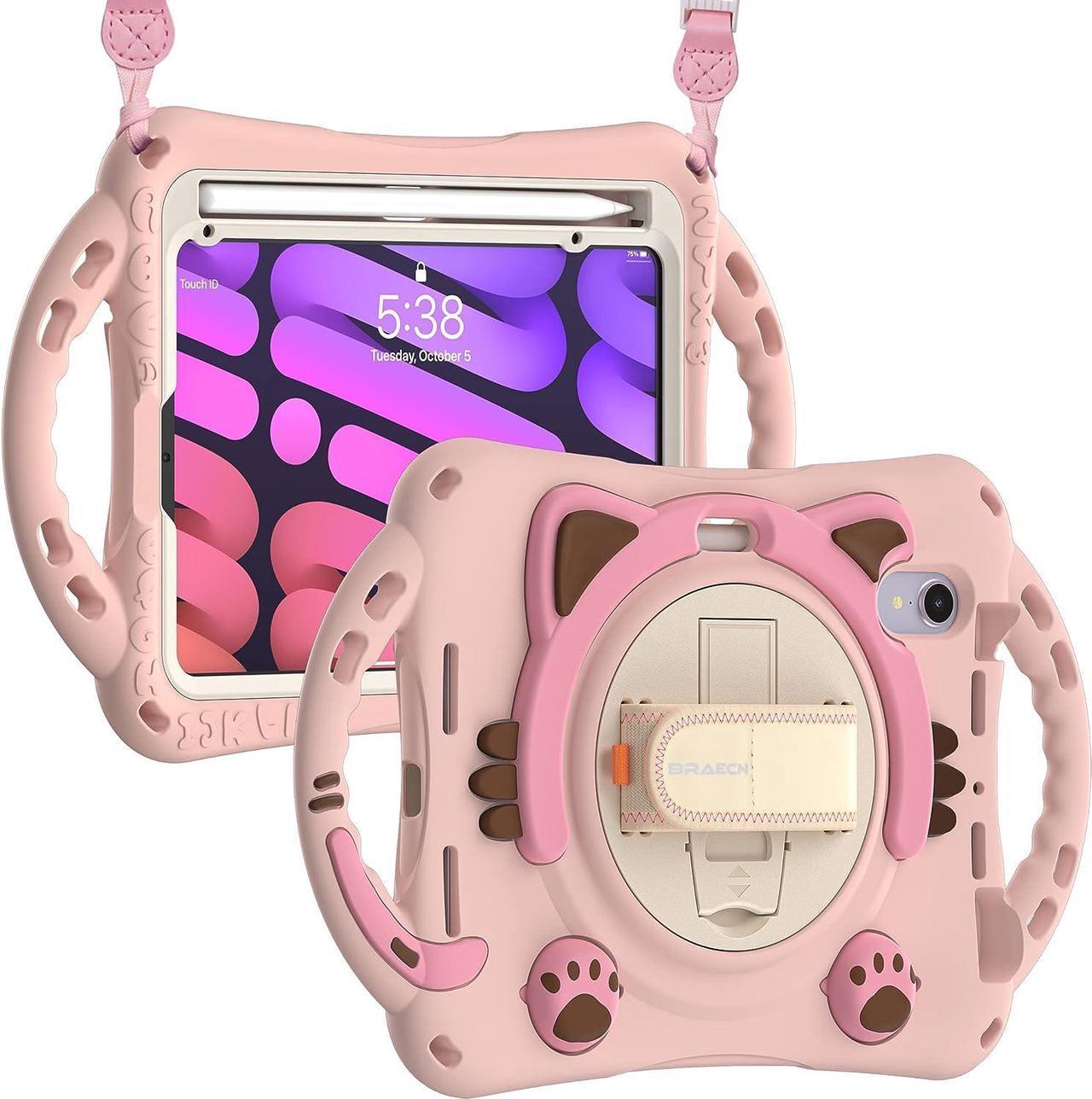 Kids Case for Apple iPad Mini 6 8.3 Inch 2021, Silicone Shockproof Protective Boy Girl Cover with Pencil Holder Handle Grip Hand Strap Kickstand Shoulder Strap for Model A2567 A2568 A2569-Pink