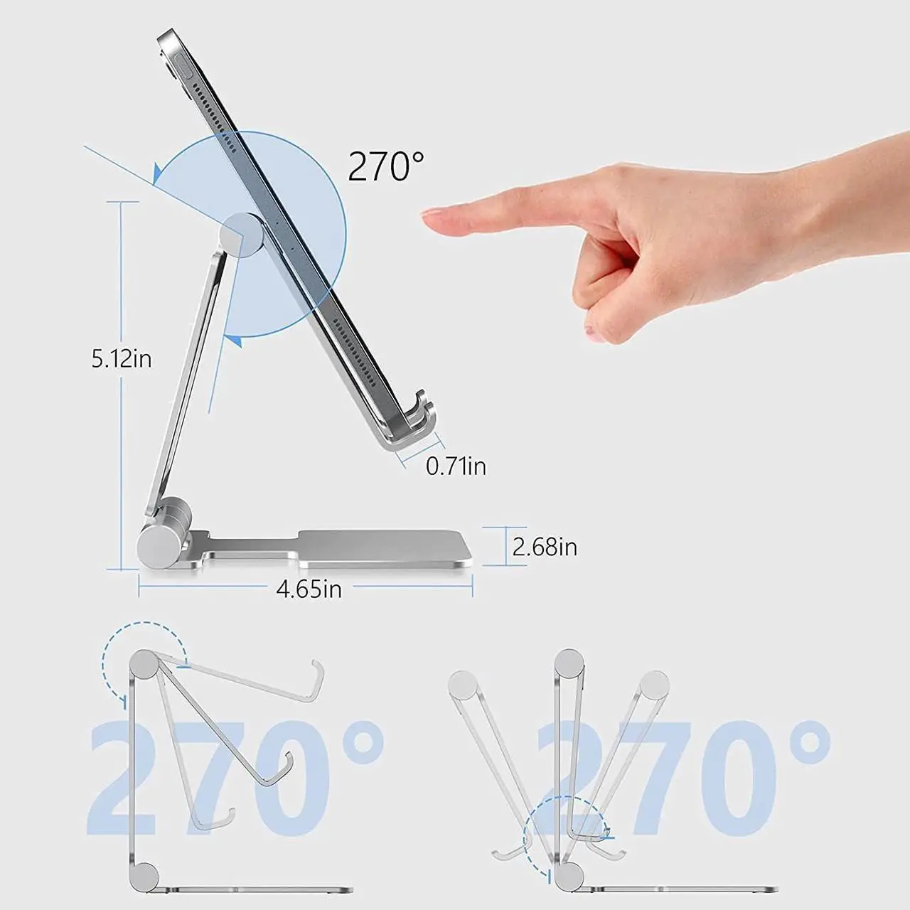 Alt view image 3 of 7 - Tablet Stand Adjustable Tablet Holder for Desk Foldable Aluminium for iPad Stand Dock Holder for iPad Air 5/4/Mini 6/Mini 5/10.2/Pro 12.9/Pro 11 Portable Monitor Surface (4-13 inch)-Grey