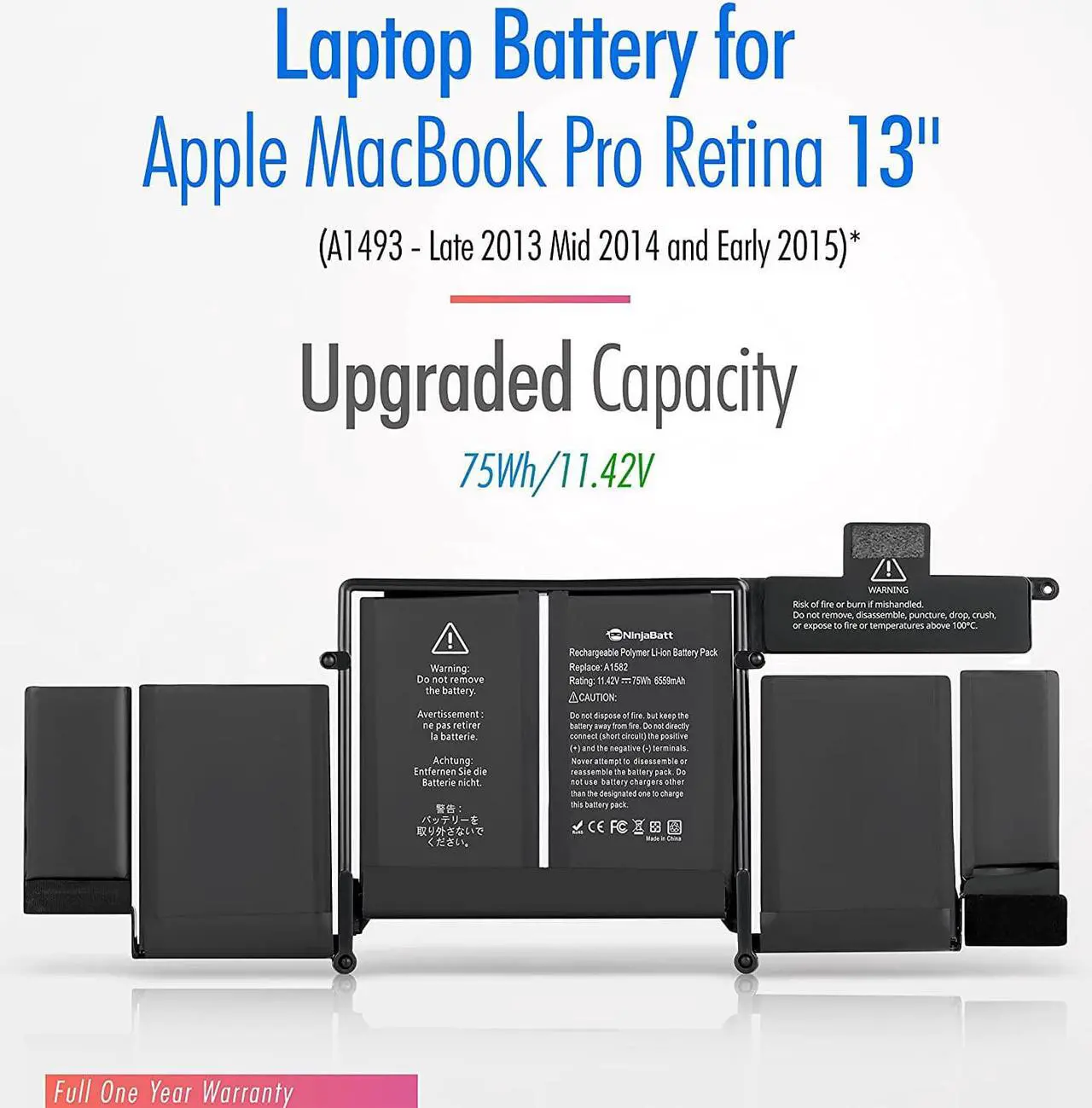 Alt view image 4 of 7 - NinjaBatt Battery A1502 A1582 for Apple MacBook Pro Retina 13 A1493 [Early 2015, Mid 2014, Late 2013] - High Performance [75Wh/11.42V]