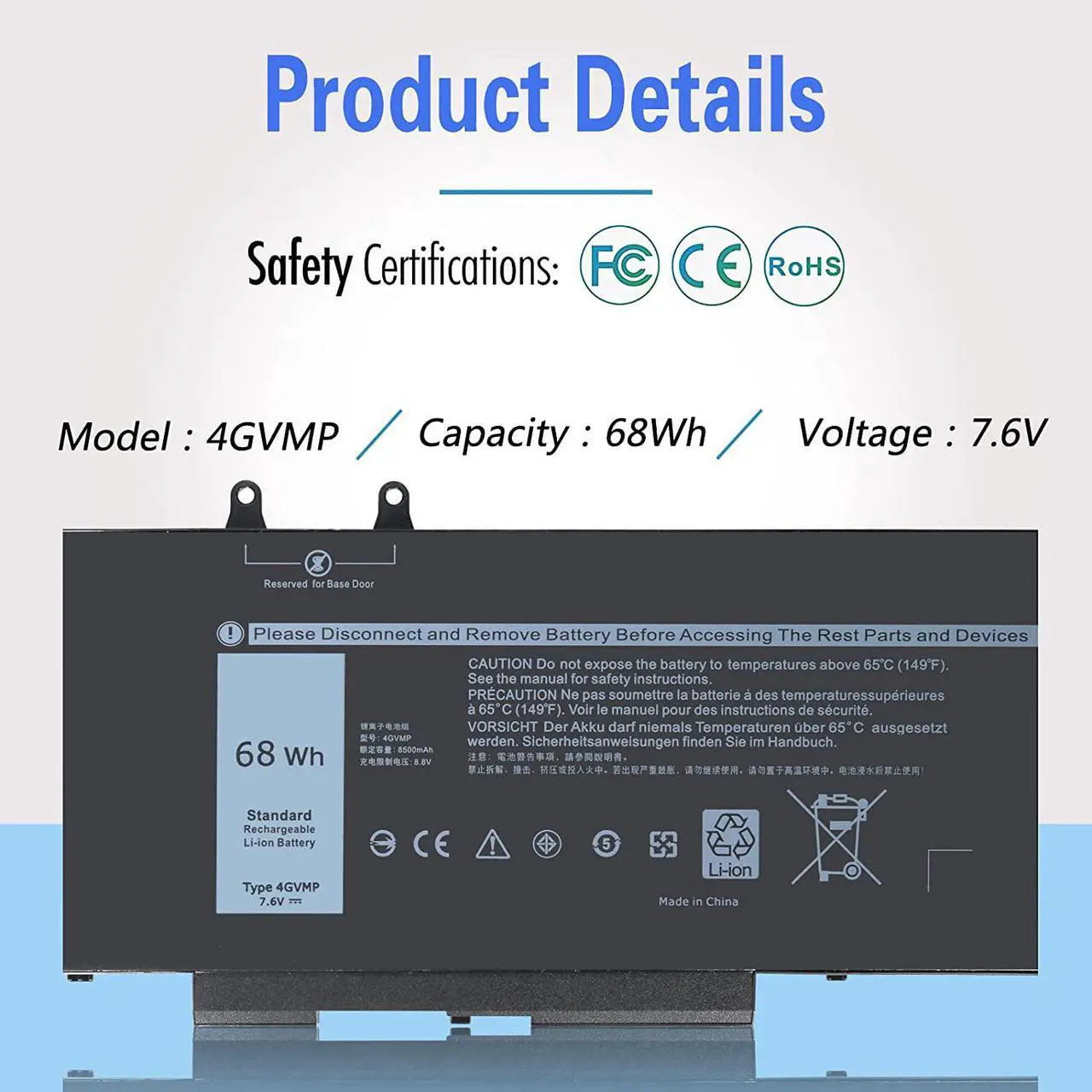 Alt view image 2 of 7 - FSKE 4GVMP Battery 68Wh for Dell Latitude 5400 5500 Inspiron 7590/7591/7791 2-in-1 Precision 3540 3550 Laptop 1V1XF R8D7N 9JRYT RF7WM X77XY C5GV2 MCV1G 7.6V 8500mAh 4-Cell