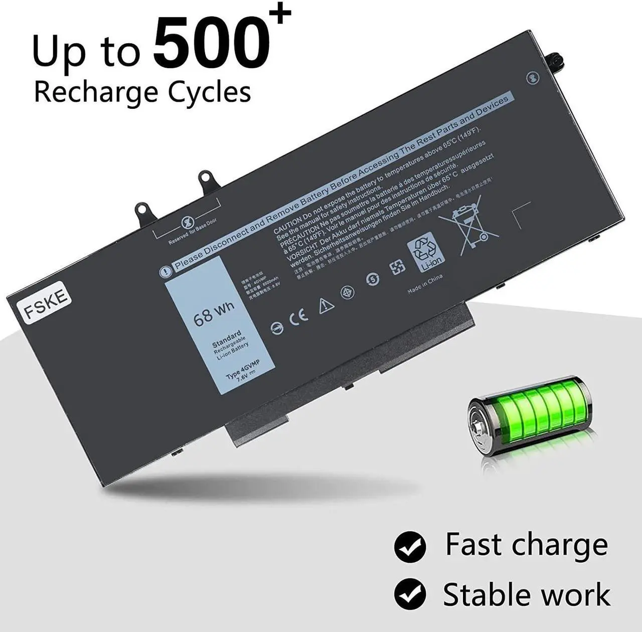 Alt view image 4 of 7 - FSKE 4GVMP Battery 68Wh for Dell Latitude 5400 5500 Inspiron 7590/7591/7791 2-in-1 Precision 3540 3550 Laptop 1V1XF R8D7N 9JRYT RF7WM X77XY C5GV2 MCV1G 7.6V 8500mAh 4-Cell