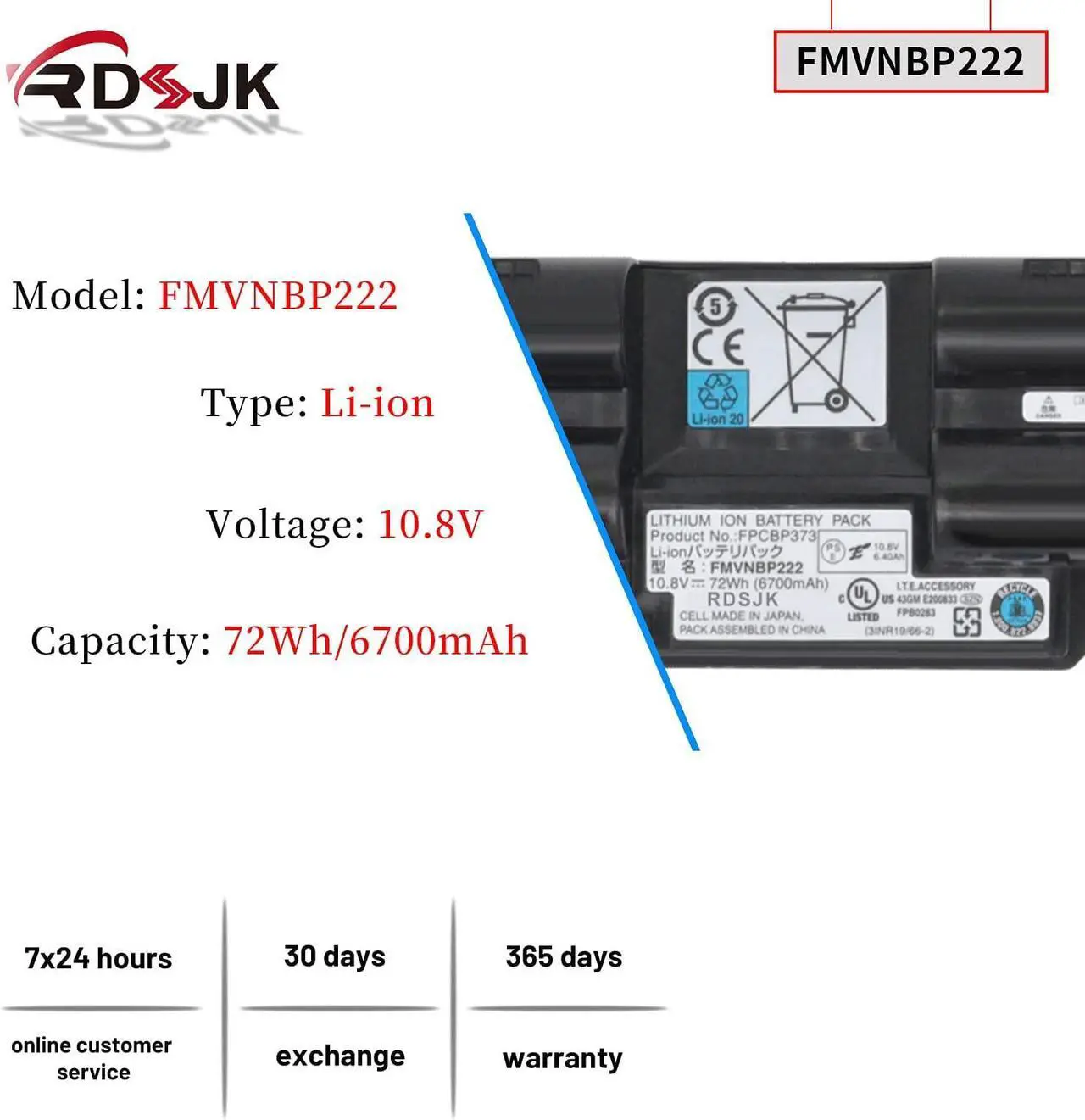 Alt view image 2 of 7 - FPCBP373 FMVNBP222 Laptop Battery for Fujitsu LifeBook T732 T734 T902 Series FPB0283 3INR19/66-2 10.8V 72Wh 6700mAh