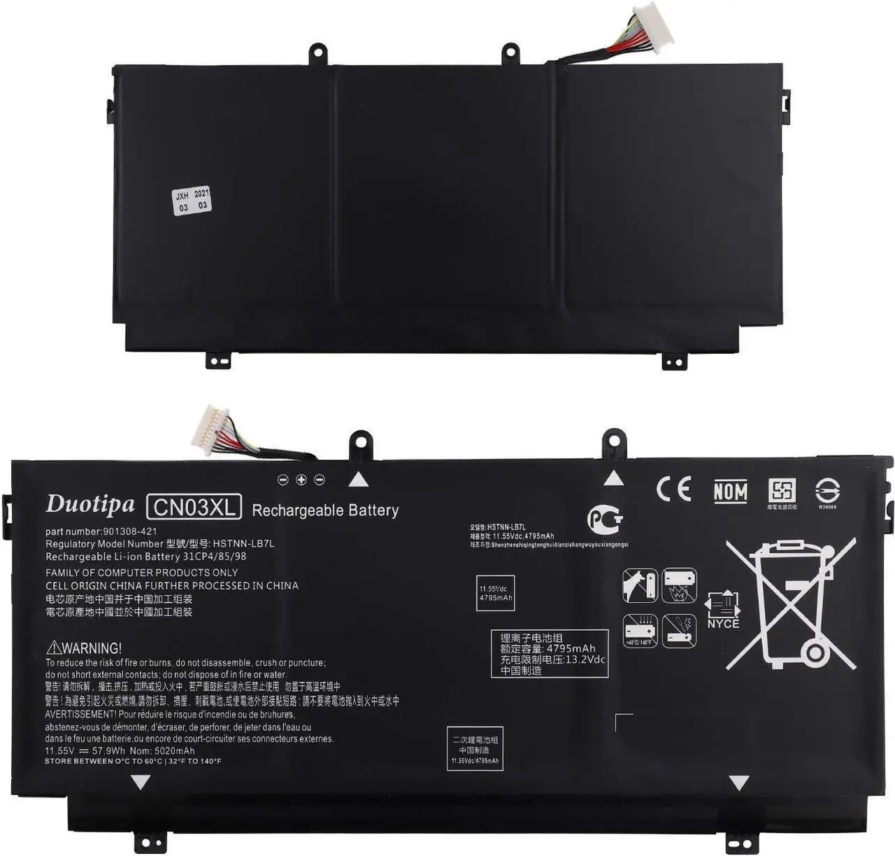 Main image of Duotipa New CN03XL Laptop Battery Compatible with HP Spectre X360 13-AC033DX 13-AB001 HSTNN-LB7L 57.9Wh