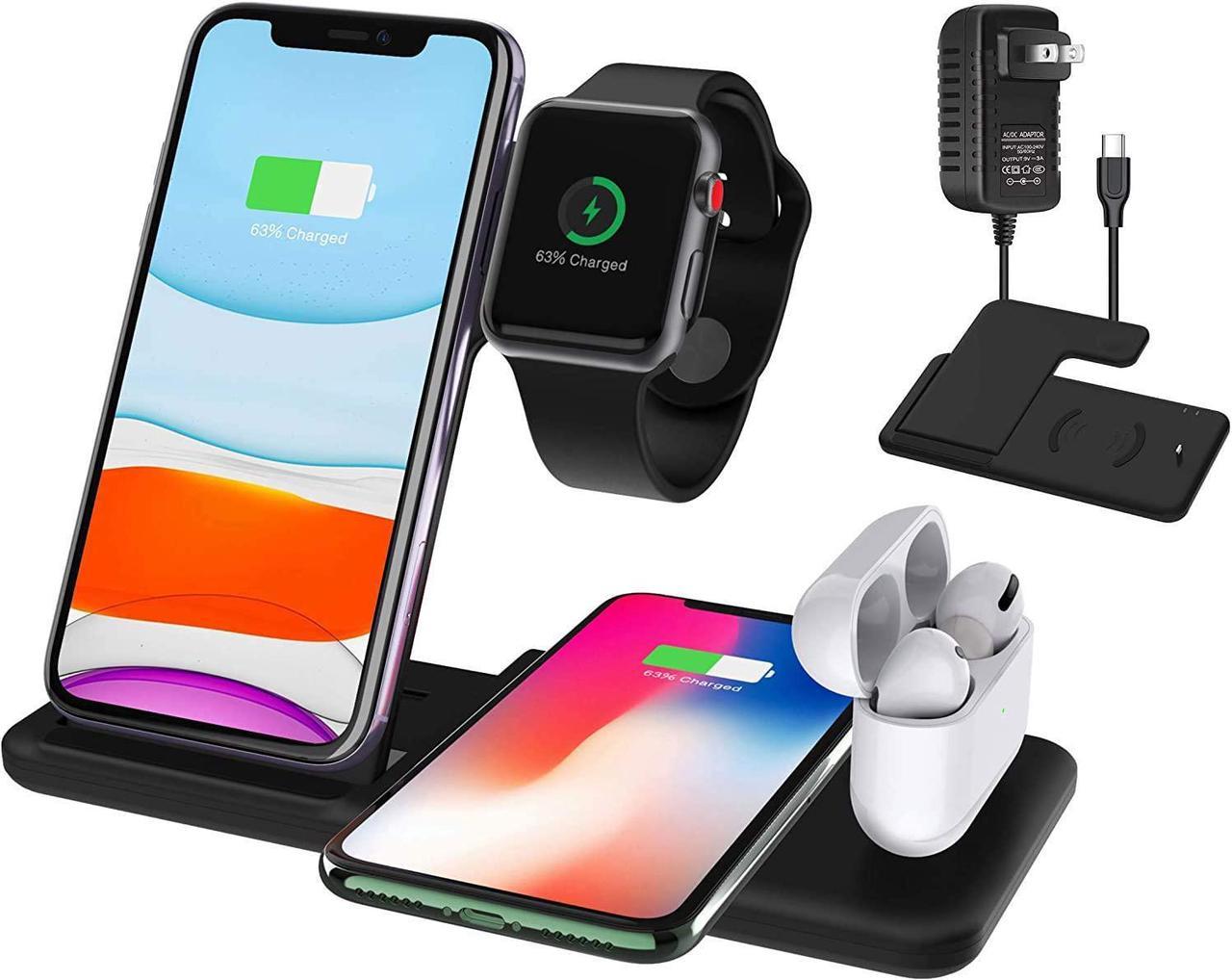 LEXONIX 15W Wireless Charger Station, 4 in 1 Fast Wireless Charging Dock Stand for iPhone 11/11 Pro/11 Pro Max/Xs Max/XS/XR/8, Galaxy Note 10/10+/9, S10 S9 S8 Plus, Apple Watch, Airpods/Airdot (Black)