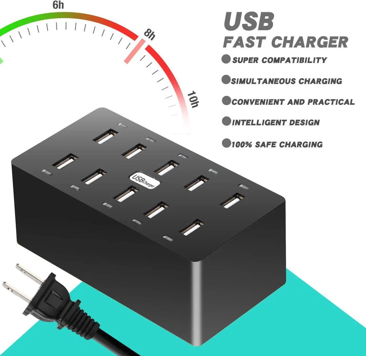 Alt view image 5 of 7 - 10 Ports Wall Charger, 50W 10-Port Family-Sized Desktop USB Rapid Charger,Multiple Charging Station,Compatible with Smartphones and Other USB Charging Devices