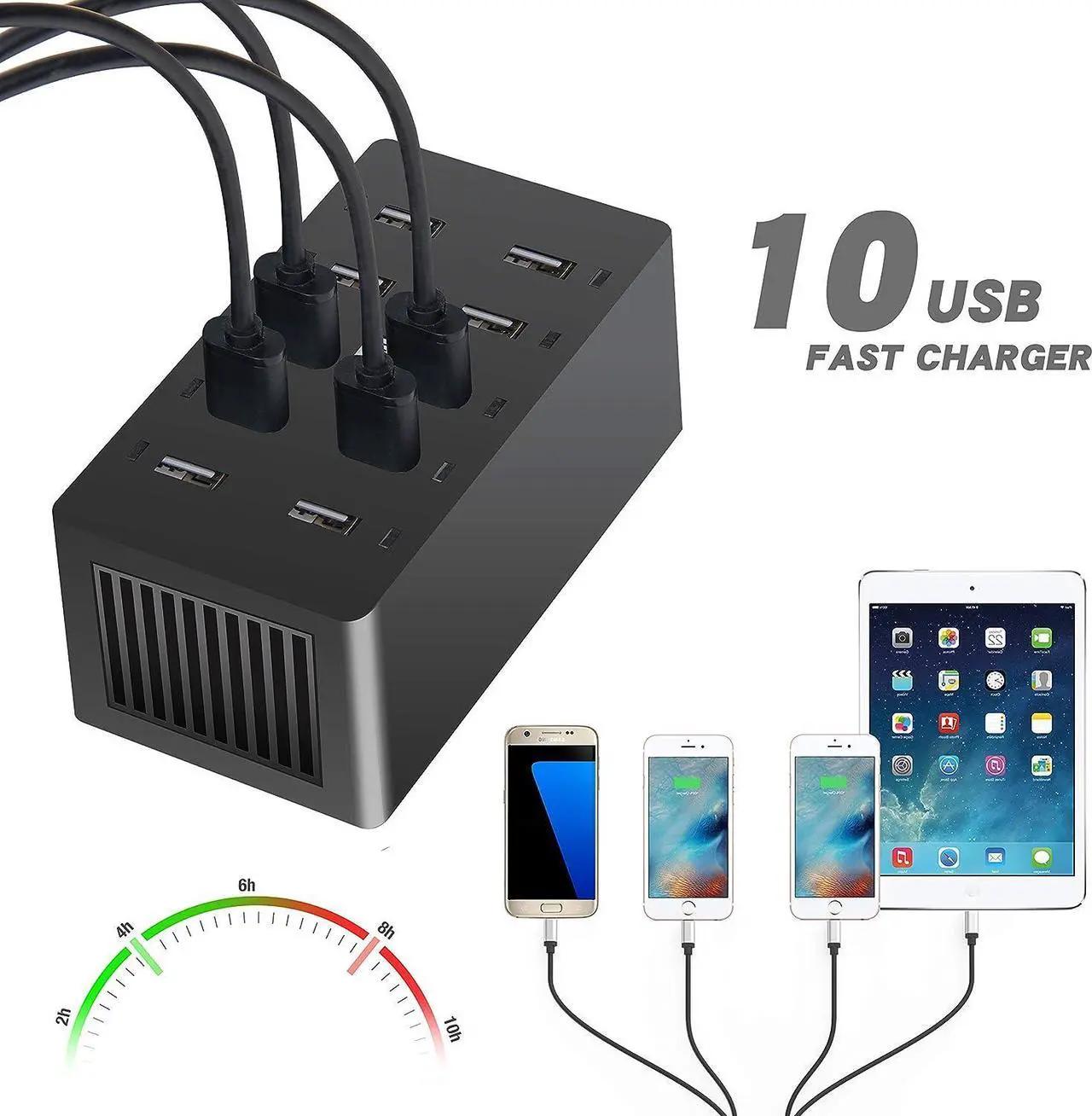 Alt view image 7 of 7 - 10 Ports Wall Charger, 50W 10-Port Family-Sized Desktop USB Rapid Charger,Multiple Charging Station,Compatible with Smartphones and Other USB Charging Devices