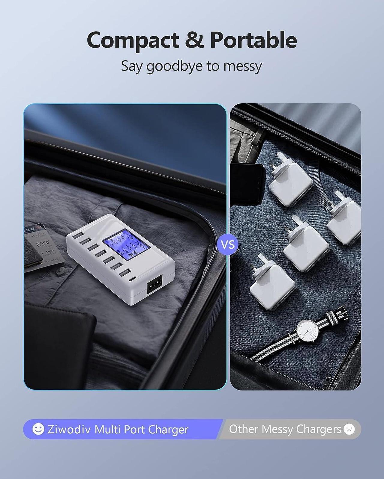 Alt view image 6 of 7 - USB Charging Station, Ziwodiv 8-Ports USB Charger Station, 60W/12A Multi Port USB C Hub Charger with LCD Display for Multiple Devices, Compact Desktop Charging for iPhone iPad Samsung Android Tablet