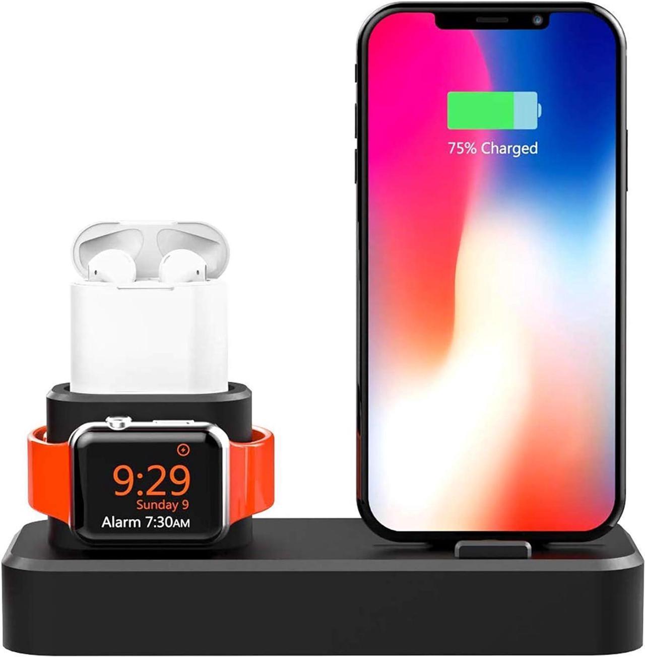 AODUKE 3 in 1 Silicone Charging Stand for Apple Watch/iPhone and AirPods,Charger Stand Dock Station for Apple iWatch Series 4/3/2/1 /AirPods/iPhone Xs/XS Max/XR/X/8/8 Plus (Dark Black)