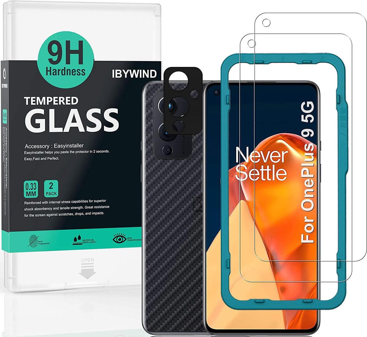 Ibywind Screen Protector for OnePlus 9, [Pack of 2] with Metal Camera Lens Protector,Back Carbon Fiber Skin Protector,Including Easy Install Kit